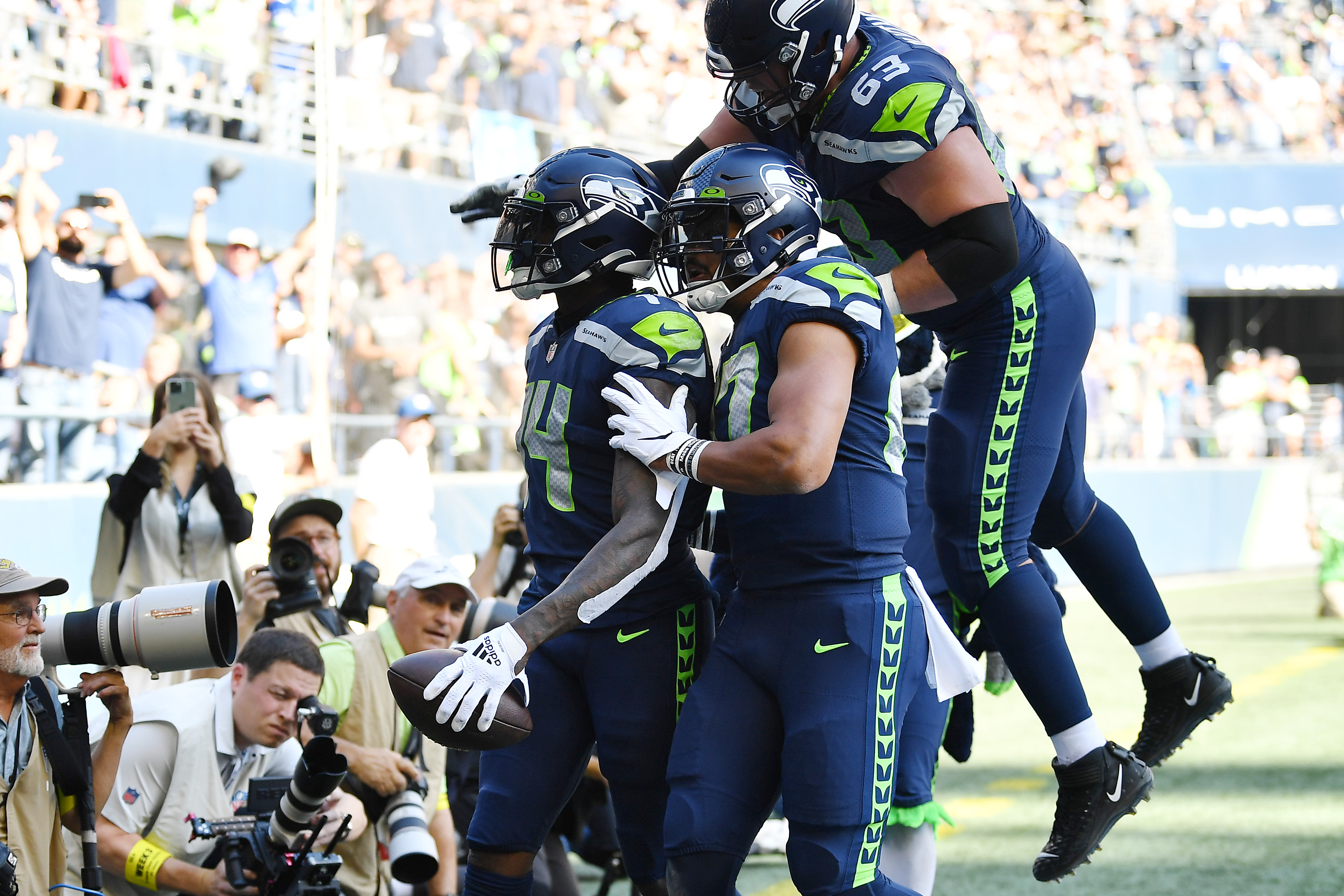 Seattle Seahawks defensive end Quinton Jefferson celebrates during an NFL  football game against the Atlanta Falcons, Sunday, Sept. 25, 2022, in  Seattle. The Falcons won 27-23. (AP Photo/Stephen Brashear Stock Photo -  Alamy