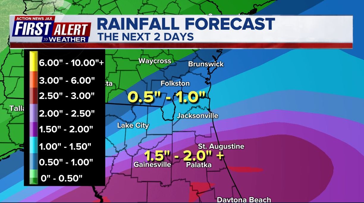 Scattered showers expected today and tomorrow across the First Coast 104.5 WOKV