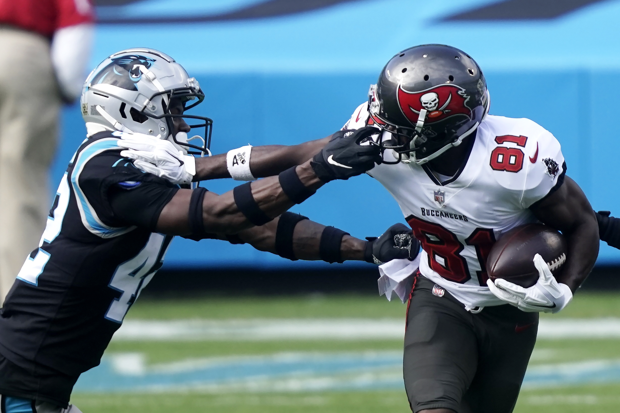 Carolina Panthers linebacker Shaq Thompson (7) reacts after making a play  on defense during an NFL football game against the Atlanta Falcons,  Thursday, Nov. 10 2022, in Charlotte, N.C. (AP Photo/Brian Westerholt