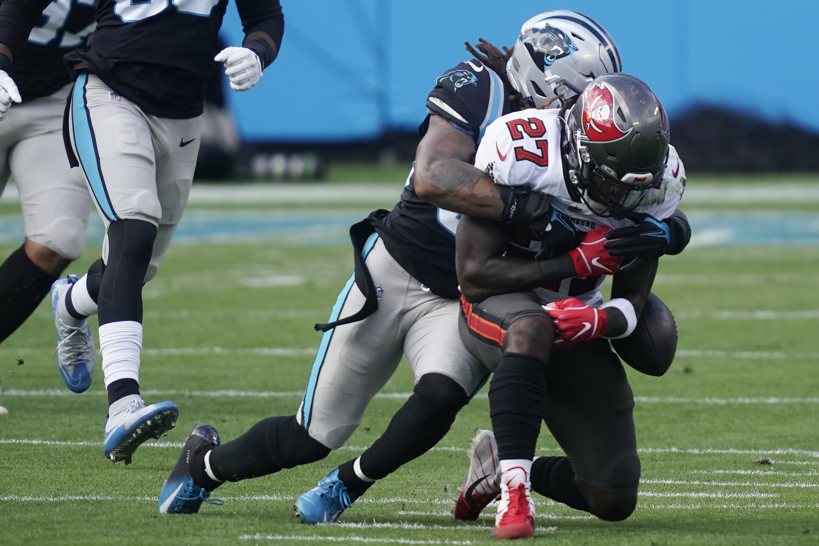 Carolina Panthers linebacker Shaq Thompson (7) reacts after making a play  on defense during an NFL football game against the Atlanta Falcons,  Thursday, Nov. 10 2022, in Charlotte, N.C. (AP Photo/Brian Westerholt