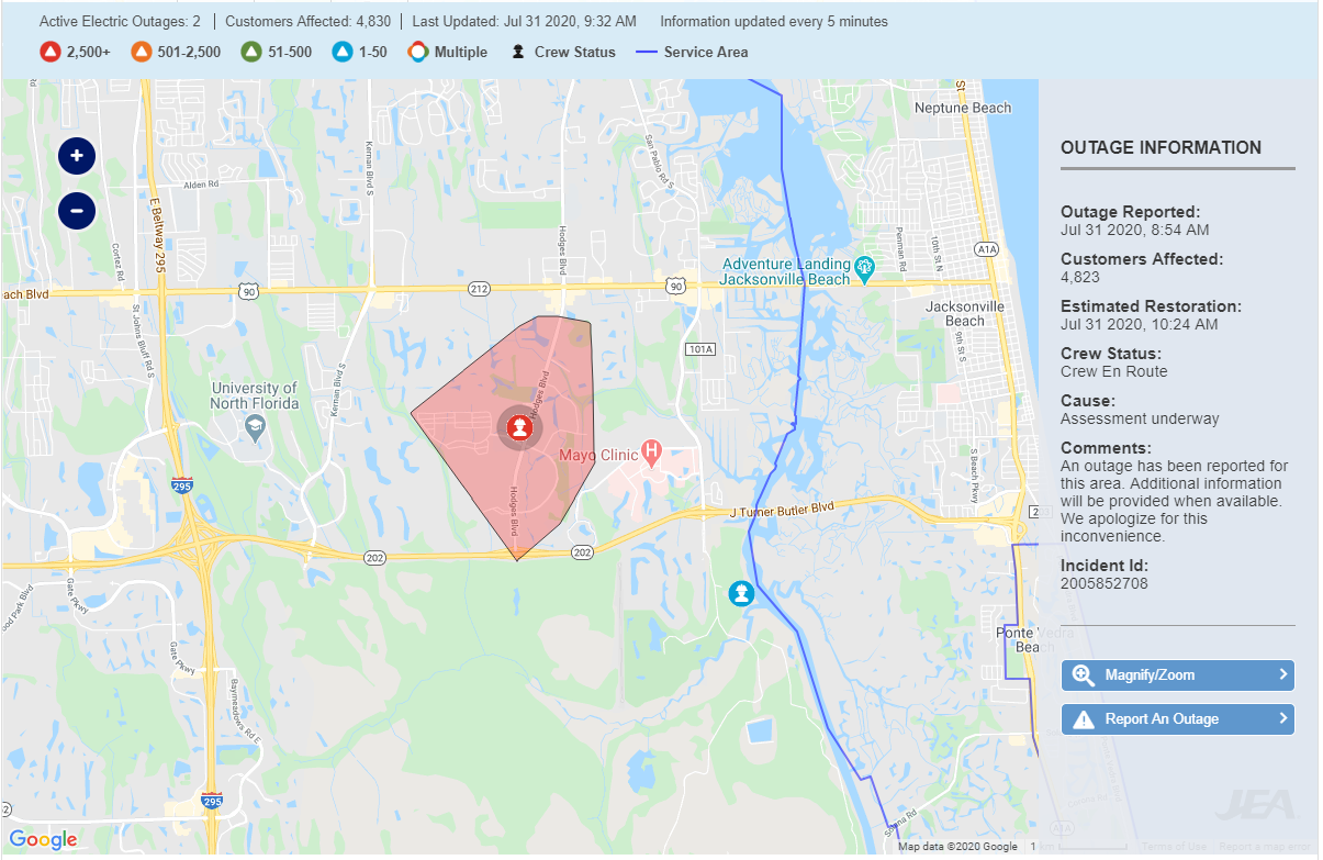 JEA Outage Map showed thousands without power near Hodges Blvd. – 104.5 