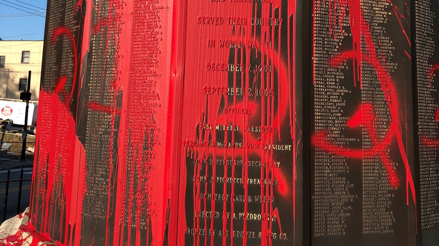 PHOTOS Local war memorial vandalized with red paint, spray painted