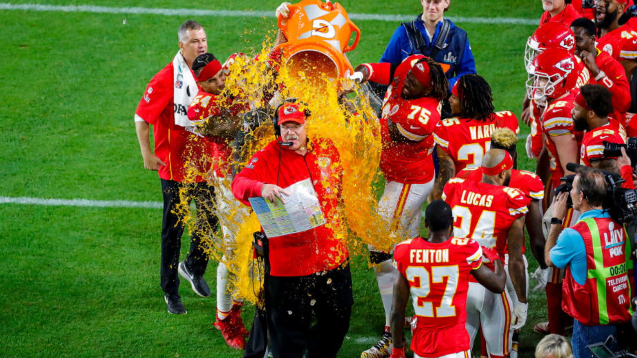 2023 Super Bowl Gatorade Color: Andy Reid Doused in Purple Gatorade