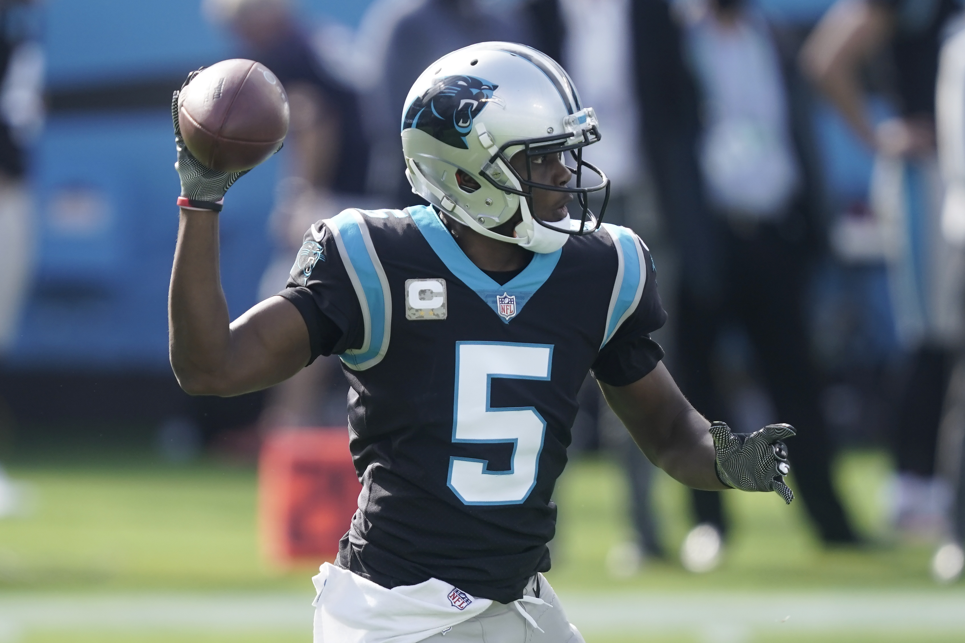 Carolina Panthers linebacker Shaq Thompson (7) reacts after making a play  on defense during an NFL football game against the Atlanta Falcons,  Thursday, Nov. 10 2022, in Charlotte, N.C. (AP Photo/Brian Westerholt