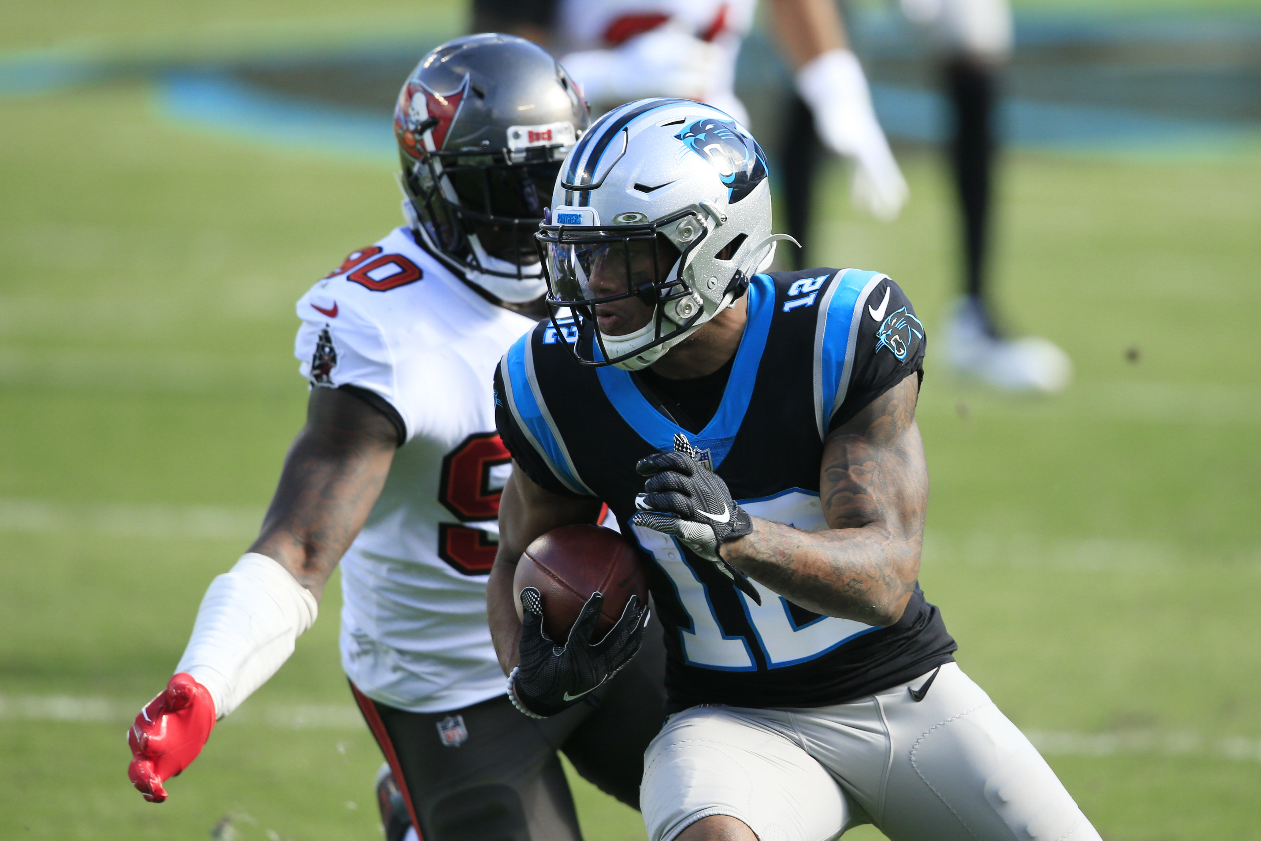 Carolina Panthers linebacker Shaq Thompson (7) reacts after making a play  on defense during an NFL football game against the Atlanta Falcons,  Thursday, Nov. 10 2022, in Charlotte, N.C. (AP Photo/Brian Westerholt