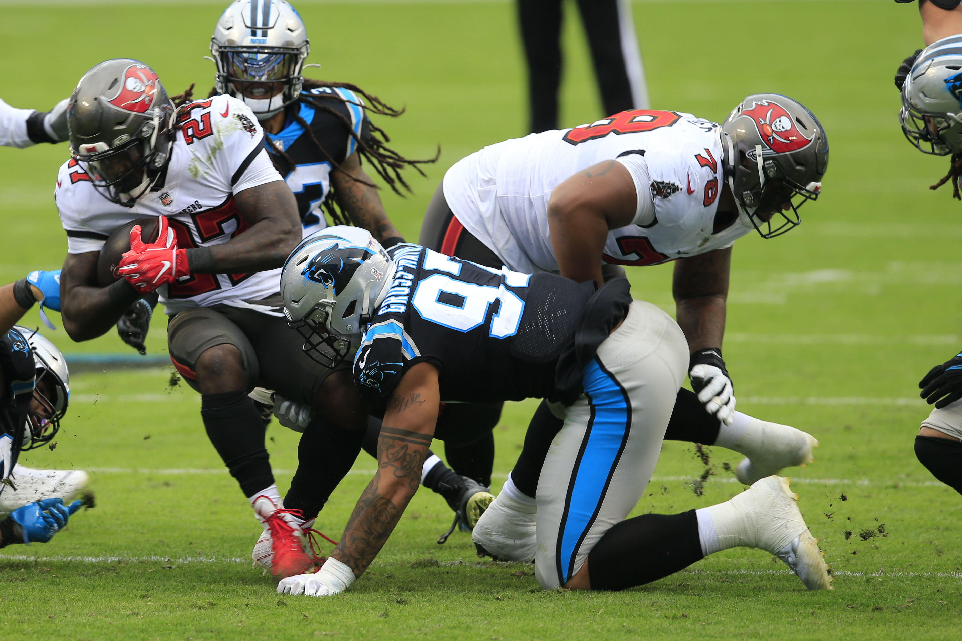 Carolina Panthers linebacker Shaq Thompson (7) reacts after making a play  on defense during an NFL football game against the Atlanta Falcons,  Thursday, Nov. 10 2022, in Charlotte, N.C. (AP Photo/Brian Westerholt