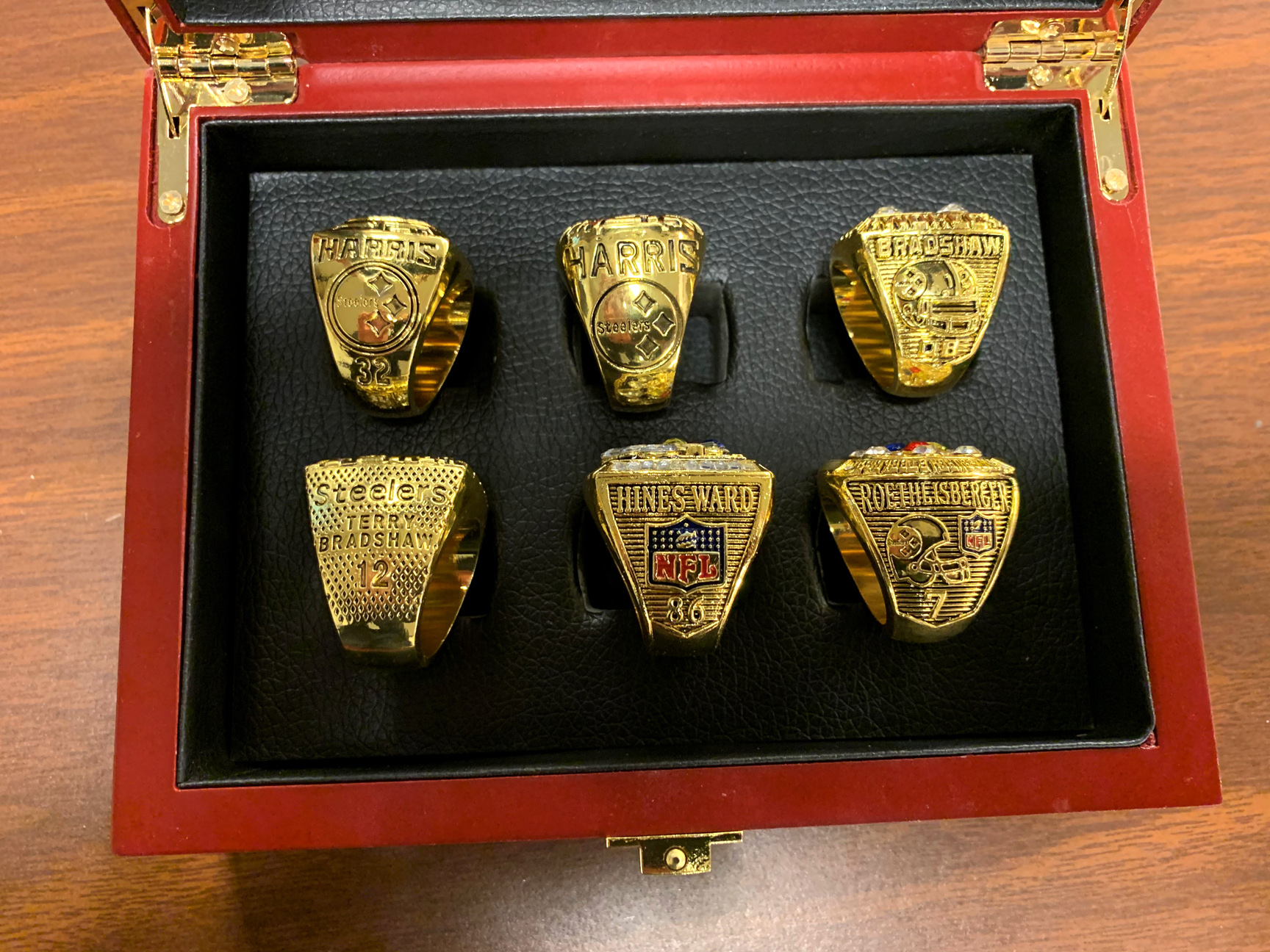 Pittsburgh Steelers - Super Bowl Gold 7 Ring Set w/ Box. Roethlisburger  Bradshaw