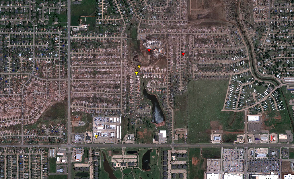 Aerial crisis view map of scar left by the Moore tornado – 102.3 KRMG