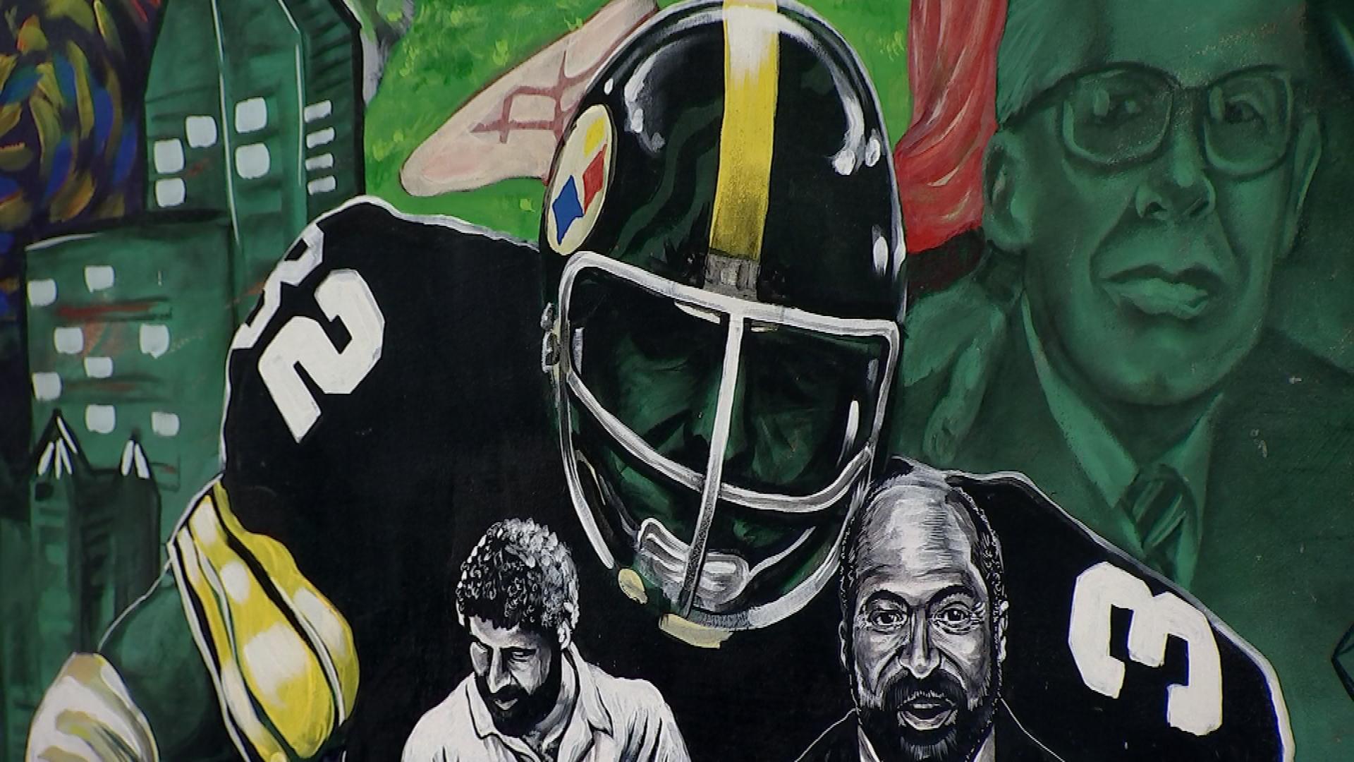 Mac Miller and Franco Harris on mural at Monroeville Mall