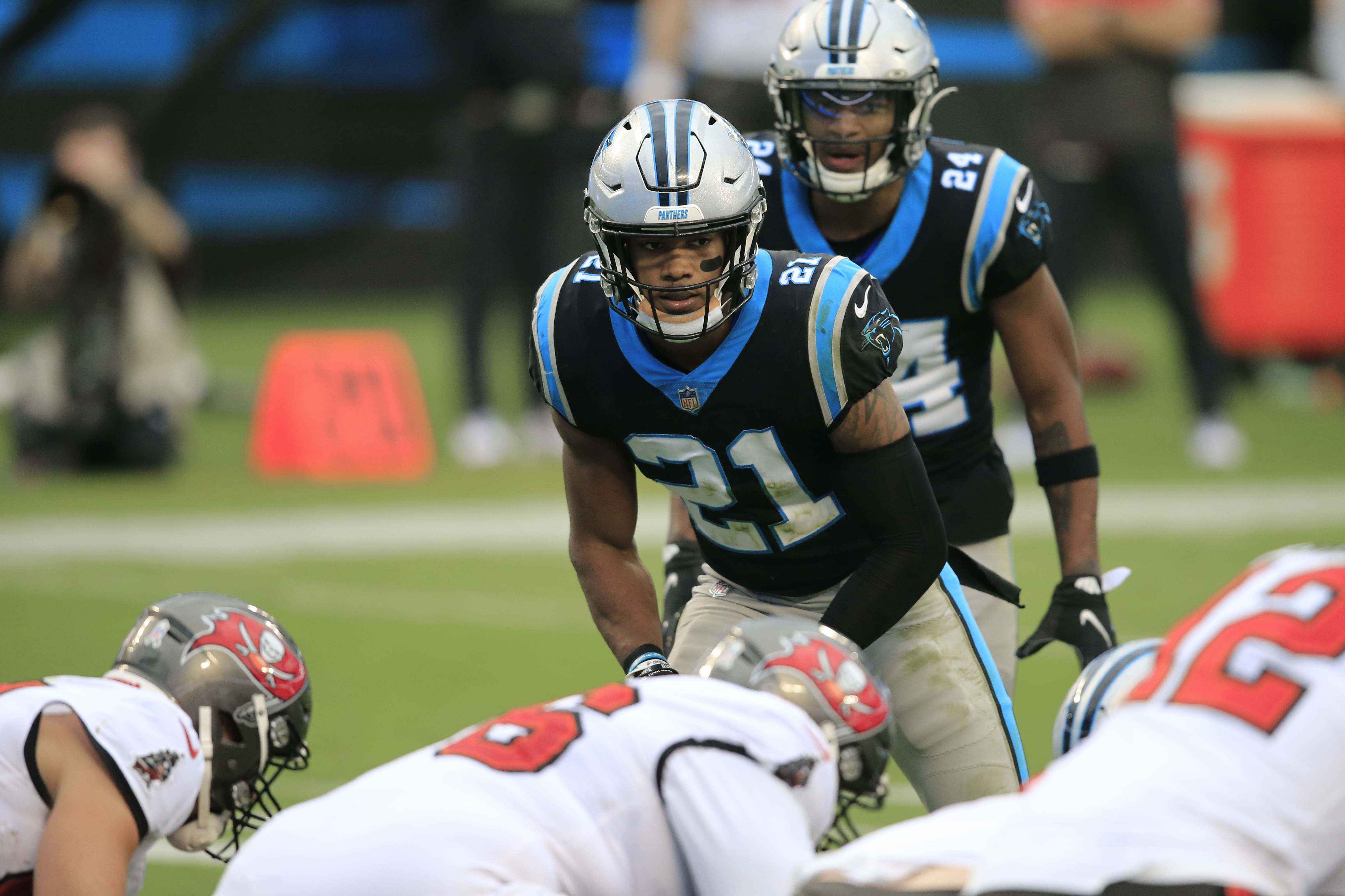 Carolina Panthers linebacker Shaq Thompson (7) reacts after making a play  on defense during an NFL football game against the Atlanta Falcons,  Thursday, Nov. 10 2022, in Charlotte, N.C. (AP Photo/Brian Westerholt