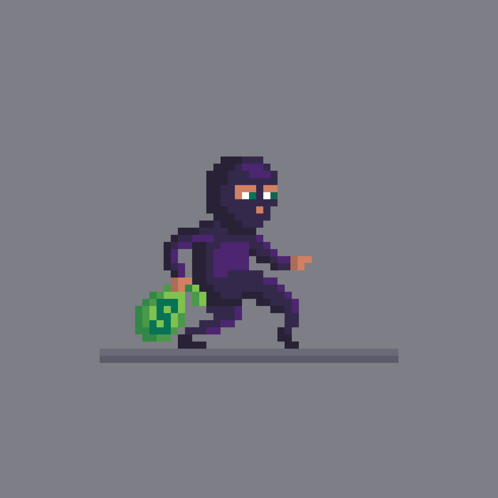 a pixel image of a burglar holding a bag of money
