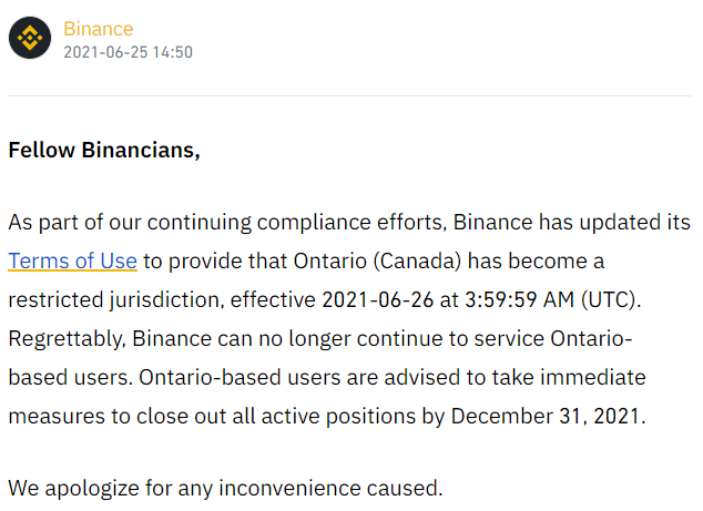 binance out of ontario