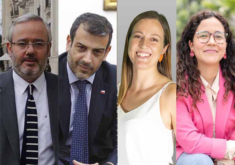 Parlamentarios, exministros y agencias: los fichajes en los equipos de los candidatos de derecha en la Región Metropolitana. El expresidente de TVN, Bruno Baranda (RN), el exministro del Interior, Rodrigo Delgado (UDI), la exgobernadora María José Puigrredon (UDI) y la prosecretaria del Partido Republicano, Macarena Bravo.