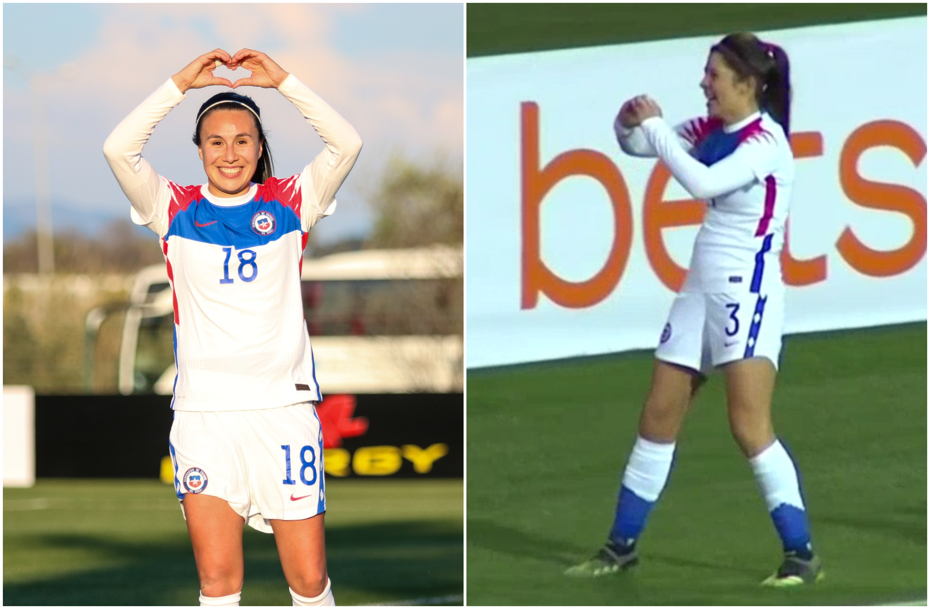 Camila Sáez y Carla Guerrero celebran sus respectivos goles frente a Camerún. FOTO: @LaRoja / Twitter y captura de pantalla.