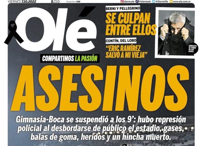 La portada del diario Olé tras los graves incidentes durante el duelo entre Gimnasia y Boca Juniors.