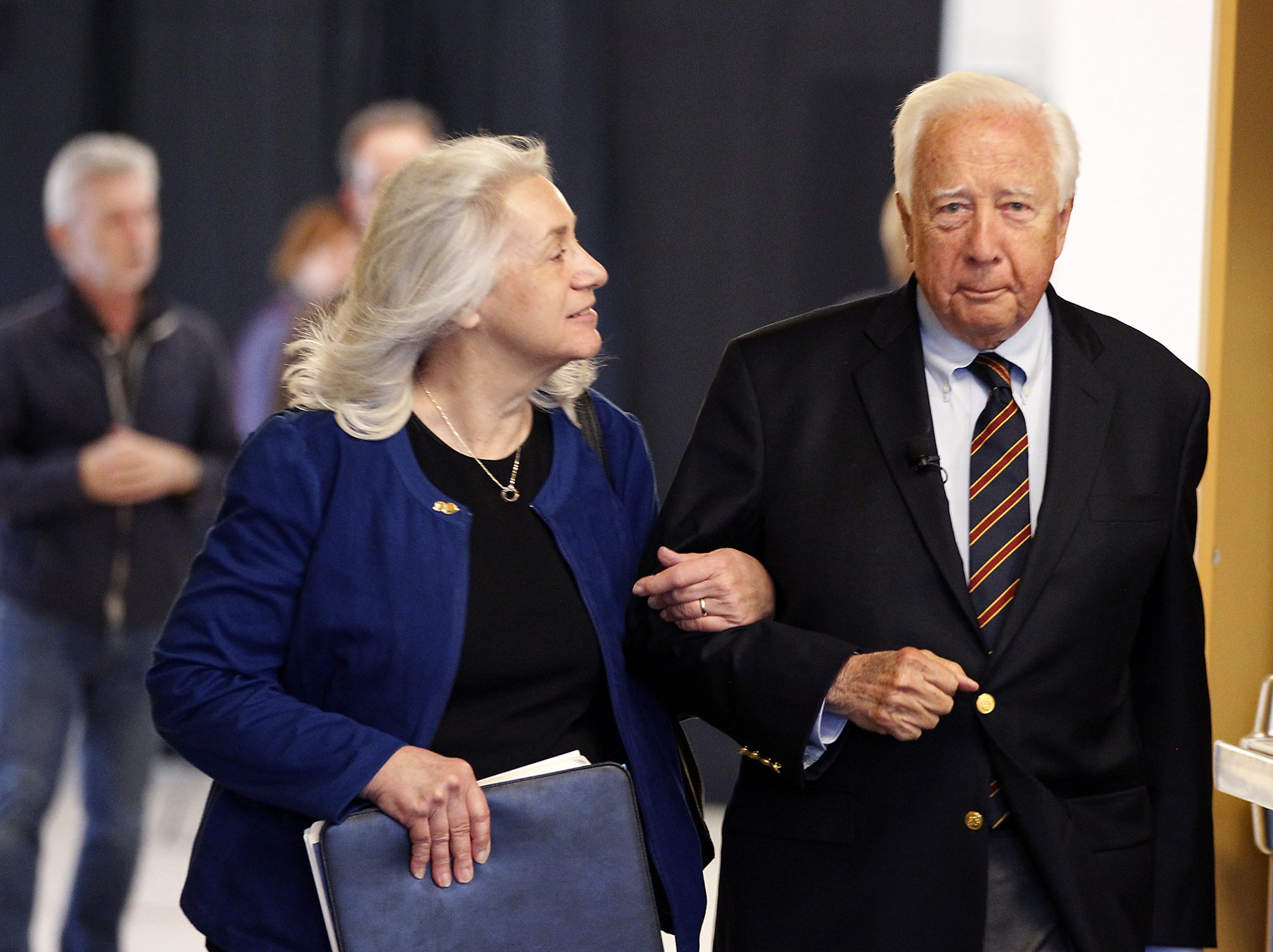 David McCullough, a two-time Pulitzer Prize winner and best selling author of “The Wright Brothers,” held a master class at Wright State University in 2016. Escorting McCullough is Dawne Dewey, head of special collections and archives for Wright State University Libraries. LISA POWELL / STAFF