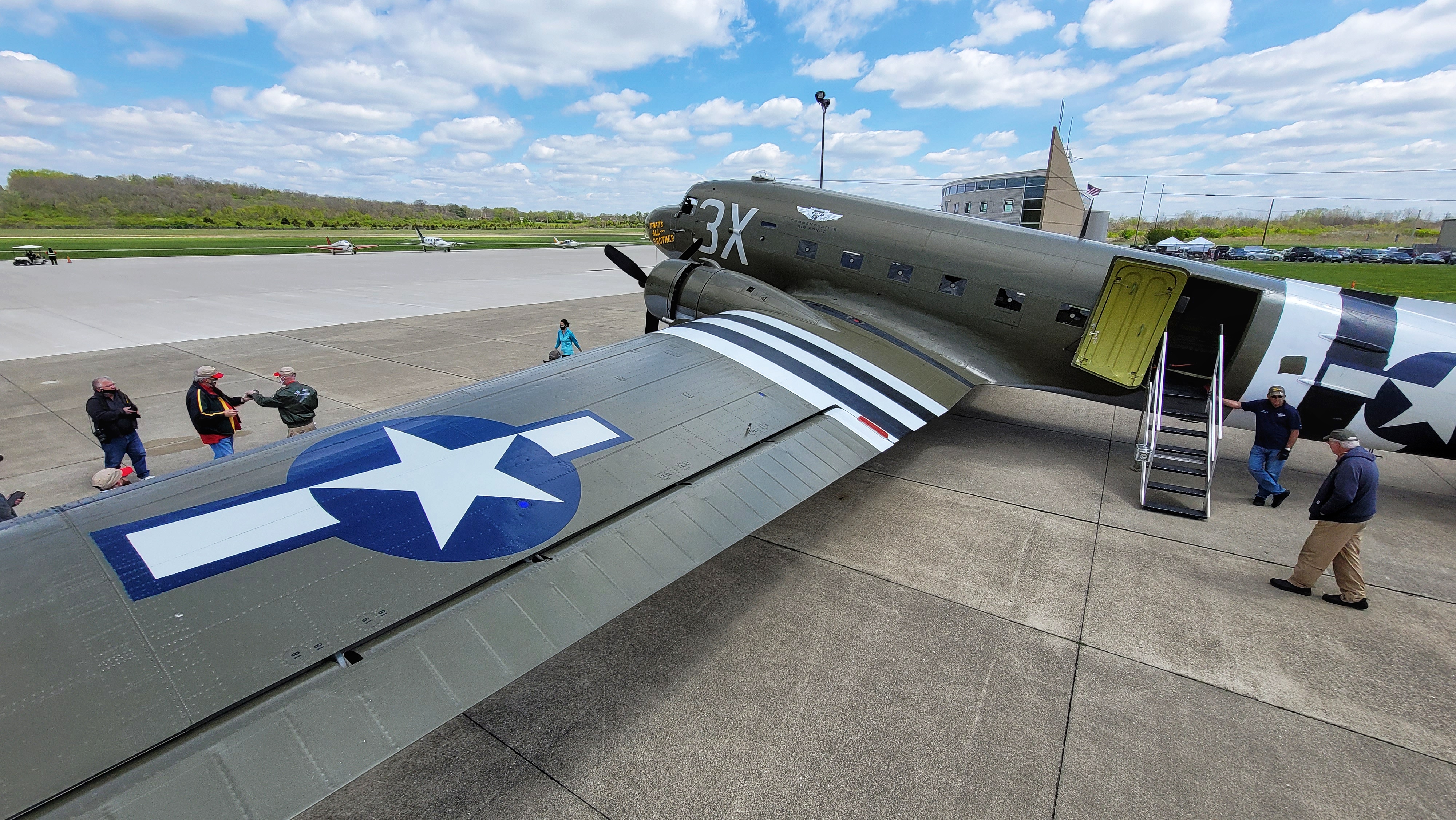 That’s All, Brother, a C-47 piloted by Lt. Col. John Donalson, arrived at Butler County Regional Airport Friday, April 16 for a three-day visit with tours and rides available. The historic WWII C-47 aircraft led over 800 C-47’s over the drop zones of Normandy, France on D-Day on June 6th, 1944. NICK GRAHAM / STAFF