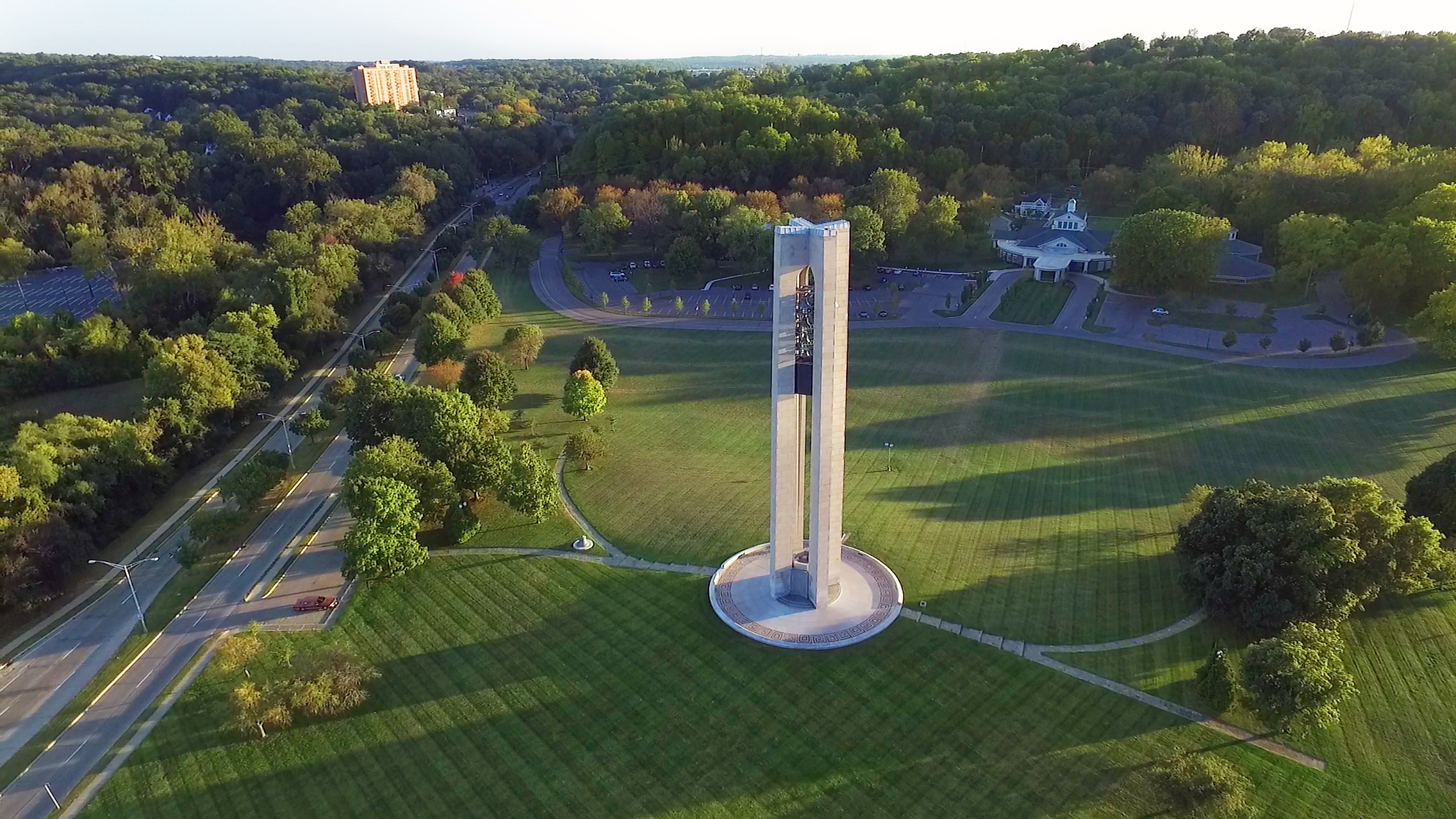 An undated handout photo shows the Deeds Carillon in Dayton, Ohio. A beloved landmark, the 15-story tower is also one of many extra-large exhibits at Carillon Historical Park, a 65-acre open-air museum focusing on technology and innovation.