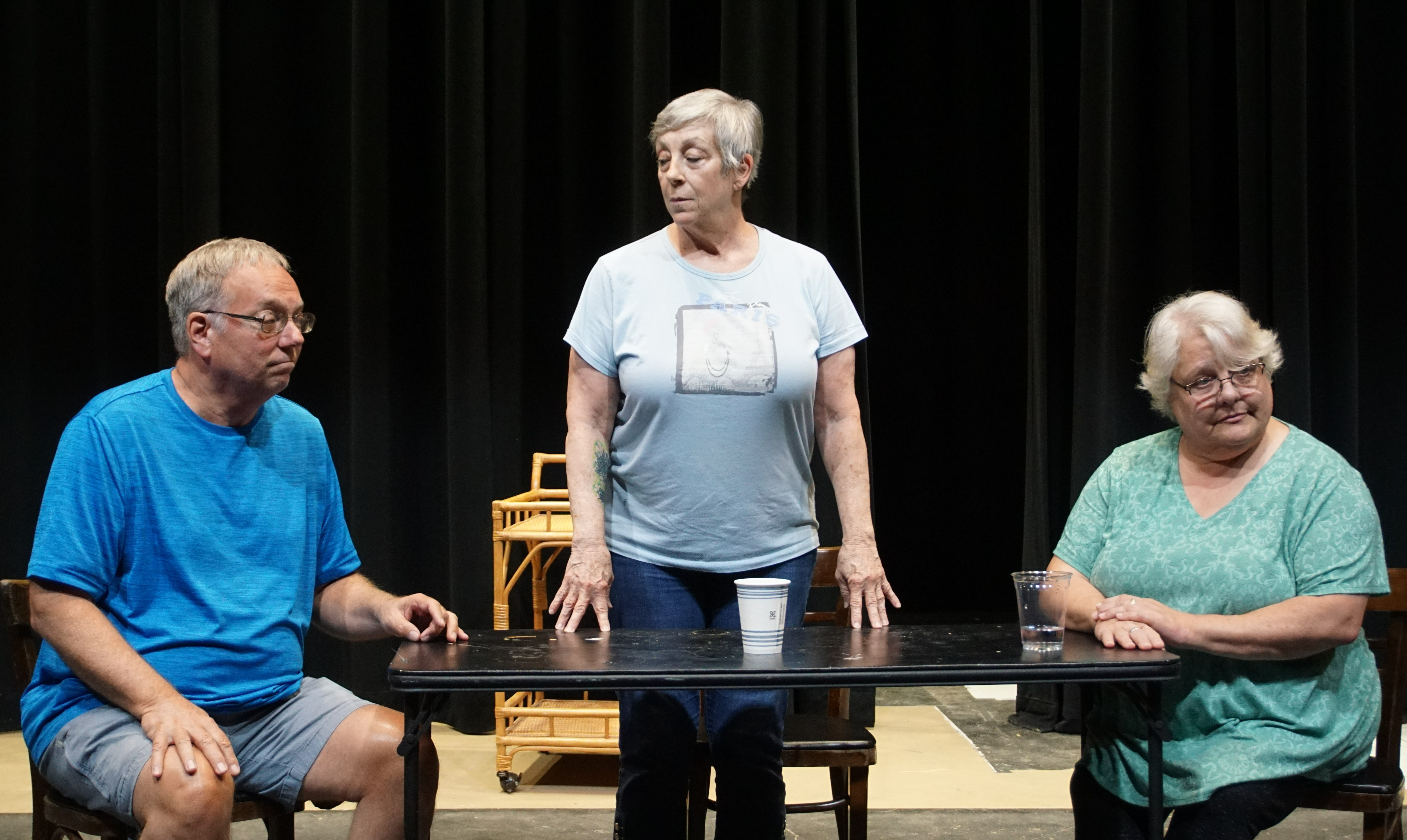 Ted Eltzroth , Dee Berdine and Becky Howard rehearse for “The Little Sisters of Littleton” by Kate Katcher. The play will be presented at FutureFest on July 16. CONTRIBUTED