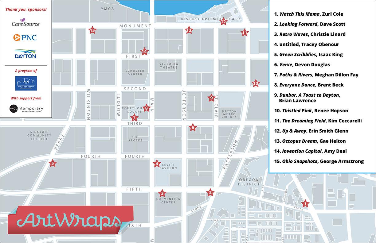 A map showing the locations of winning ArtWraps designs.