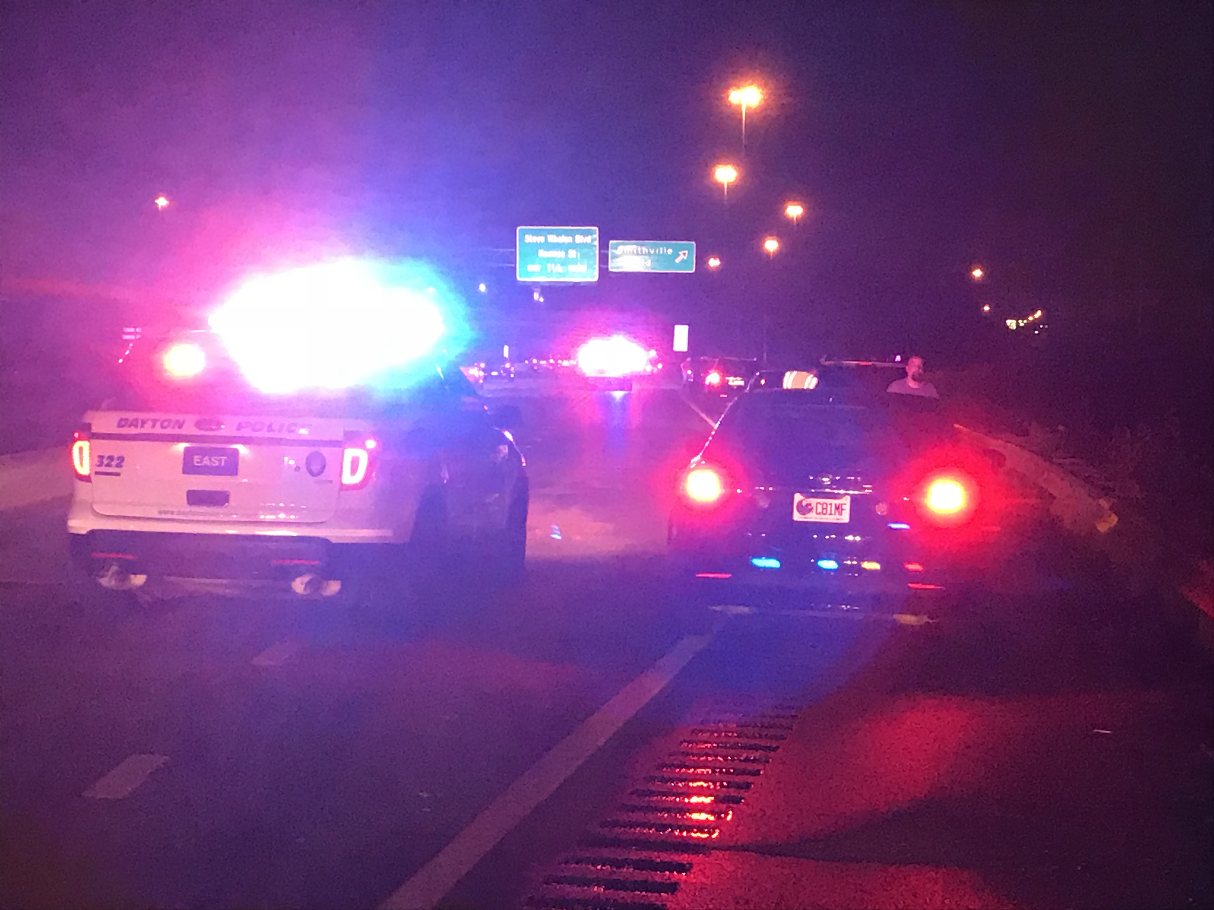 Motorists line up along westbound U.S. 35 May 26, 2018, just before the South Smithville Road exit after their vehicles were struck by rocks.