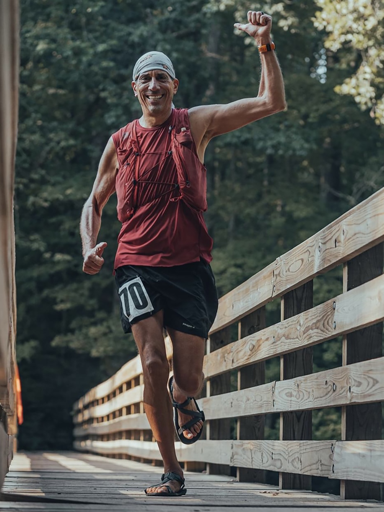 Crail was a runner when he was younger, but gave up after experiencing pain in his feet and ankles. He renewed his passion for running by changing his footwear and body type. He is shown wearing his Xero Shoes sandals at his May 2022 Tye Kye 50 K in Yellow Springs. He was 59 years old.