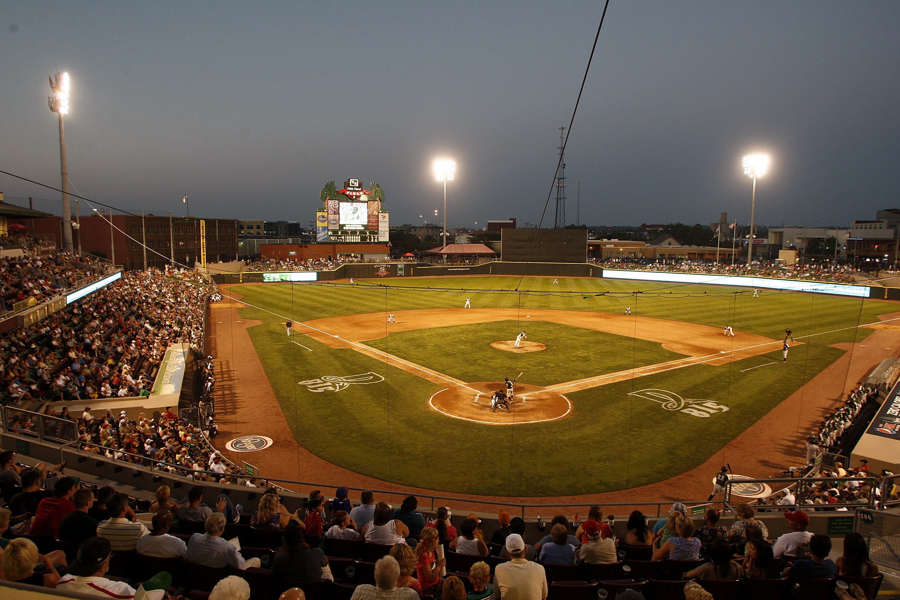 Jose Siri hit stretched his hitting streak to 29 games Sunday with a pair of triples for the Dragons. He has a ways to go, though, to match the record set in this photo where the Dragons beat South Bend 4-1 on July 9, 2011 at Fifth Third Field as Dayton set the professional sports consecutive sellout record at 815 consecutive games.