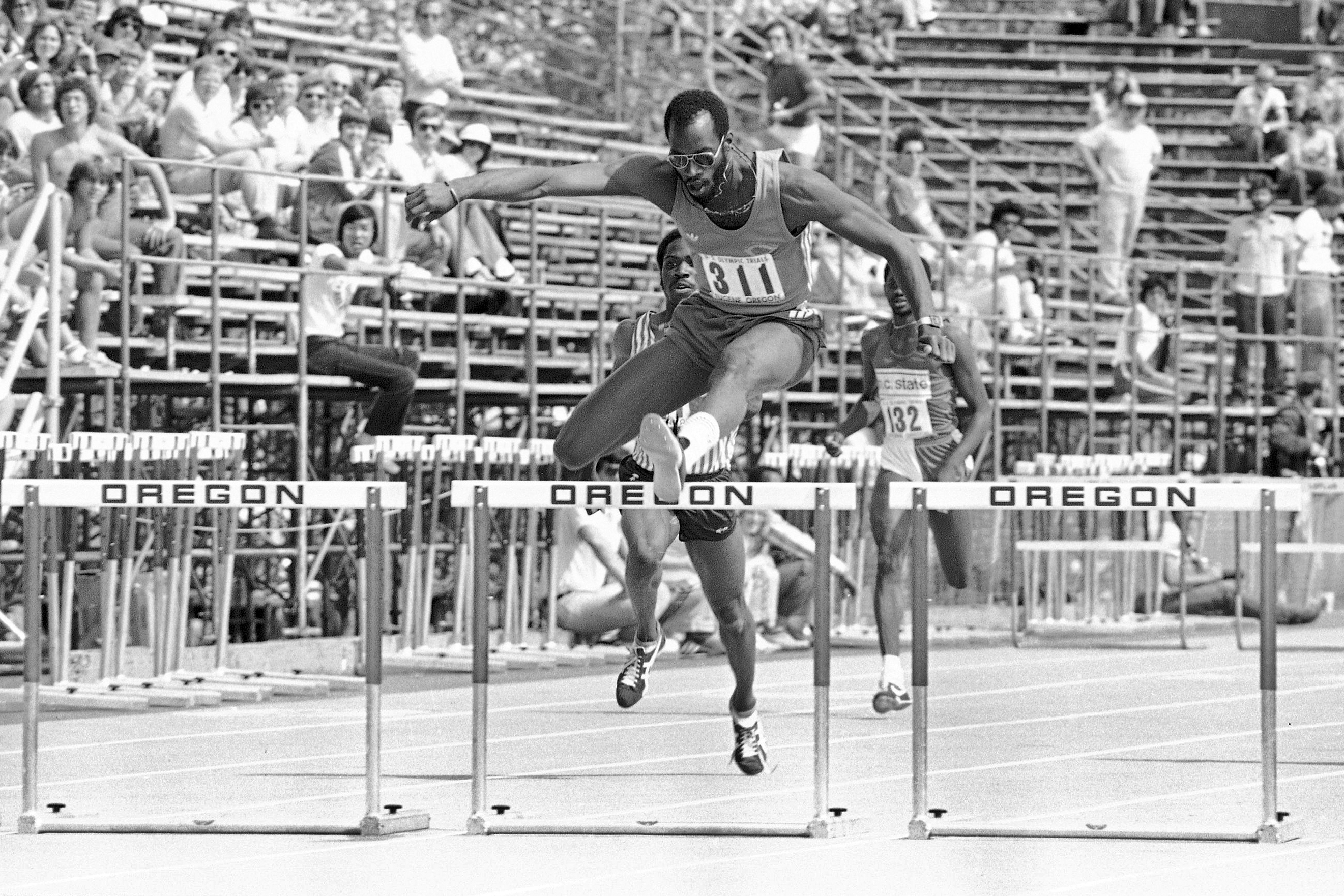 FILE - In this June 21, 1980 file photo, Montreal 1976 gold medal winner Edwin Moses wins the 400 intermediate hurdles at the 1980 Olympic Trials in Eugene, Oregon.  Moses, the man who once won a remarkable 107 finals.  consecutive years from 1977 to 1987 and who reduced the world record to 47.02 seconds in his prime, says he has enjoyed watching hurdlers break new hurdles for the past two years.  (Photo/AP file)
