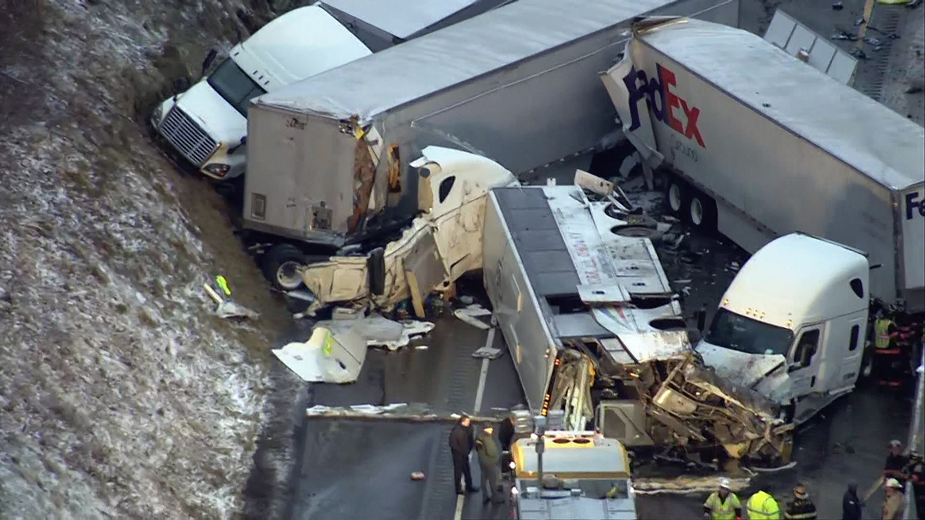 FILE – This Jan. 5, 2020 image from video, provided by KDKA-TV, shows the scene near Greensburg, Pa. along the Pennsylvania Turnpike where five people were killed and dozens were injured in the crash that involved multiple vehicles. (KDKA TV via AP, File)