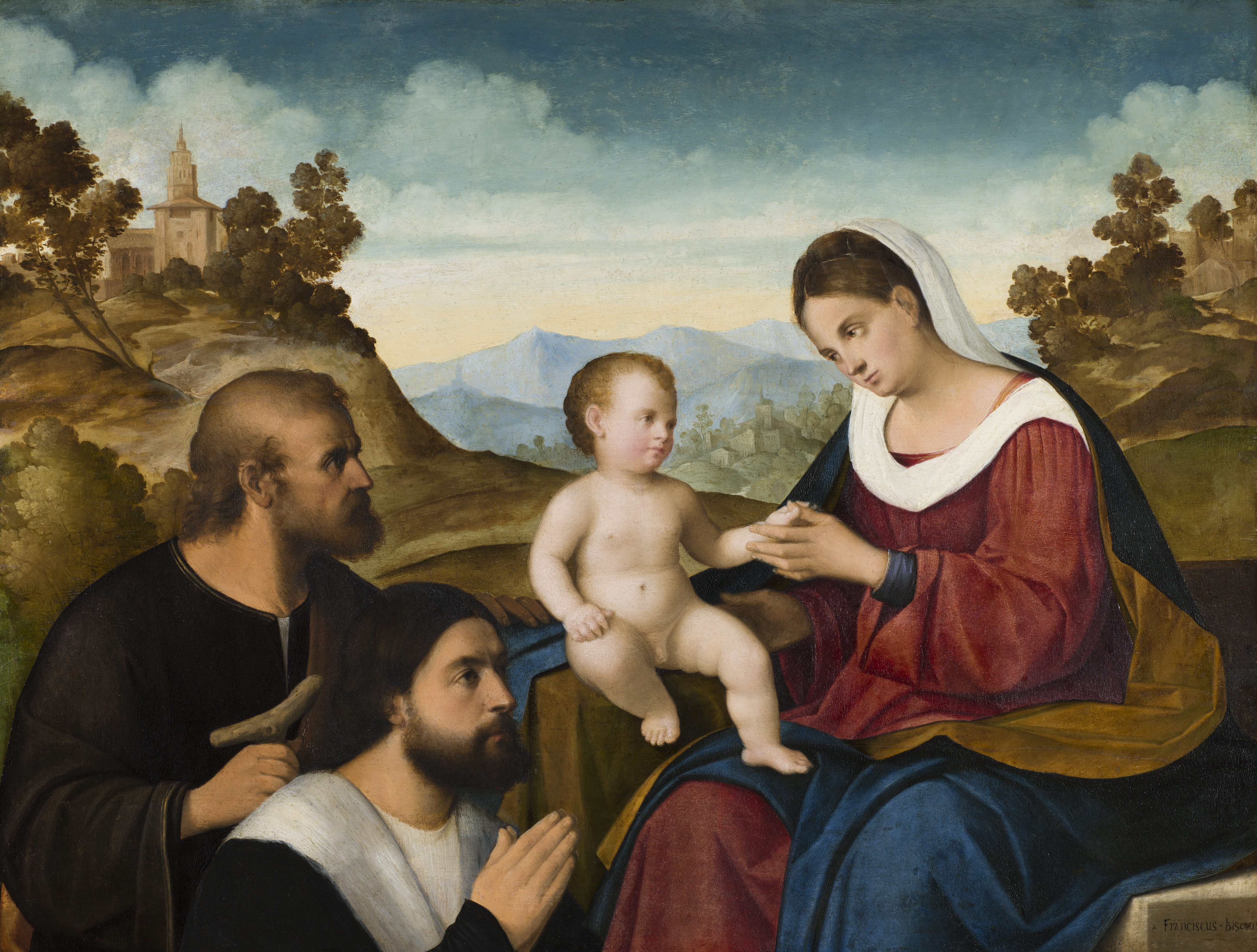 Restoration work on Pier Francesco Bissolo "The Holy Family with a Donor in a Landscape" This included removing yellowed varnish, cleaning the painting, painting over details that appeared to have been added later, and applying a new varnish.  The painting will be on display in the exhibition 