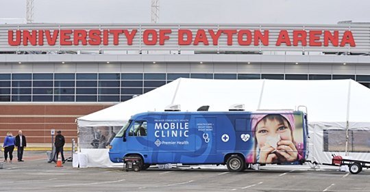 Mobile health clinic set up University of Dayton Arena. People with doctor’s order can get tested for coronavirus at UD Arena parking lot in Dayton starting on Tuesday, March 17, 2020. Premier Health is collaborating with the UD to set up a specimen collection site from 10 a.m. to 6 p.m. daily. Staff photo: Marshall Gorby