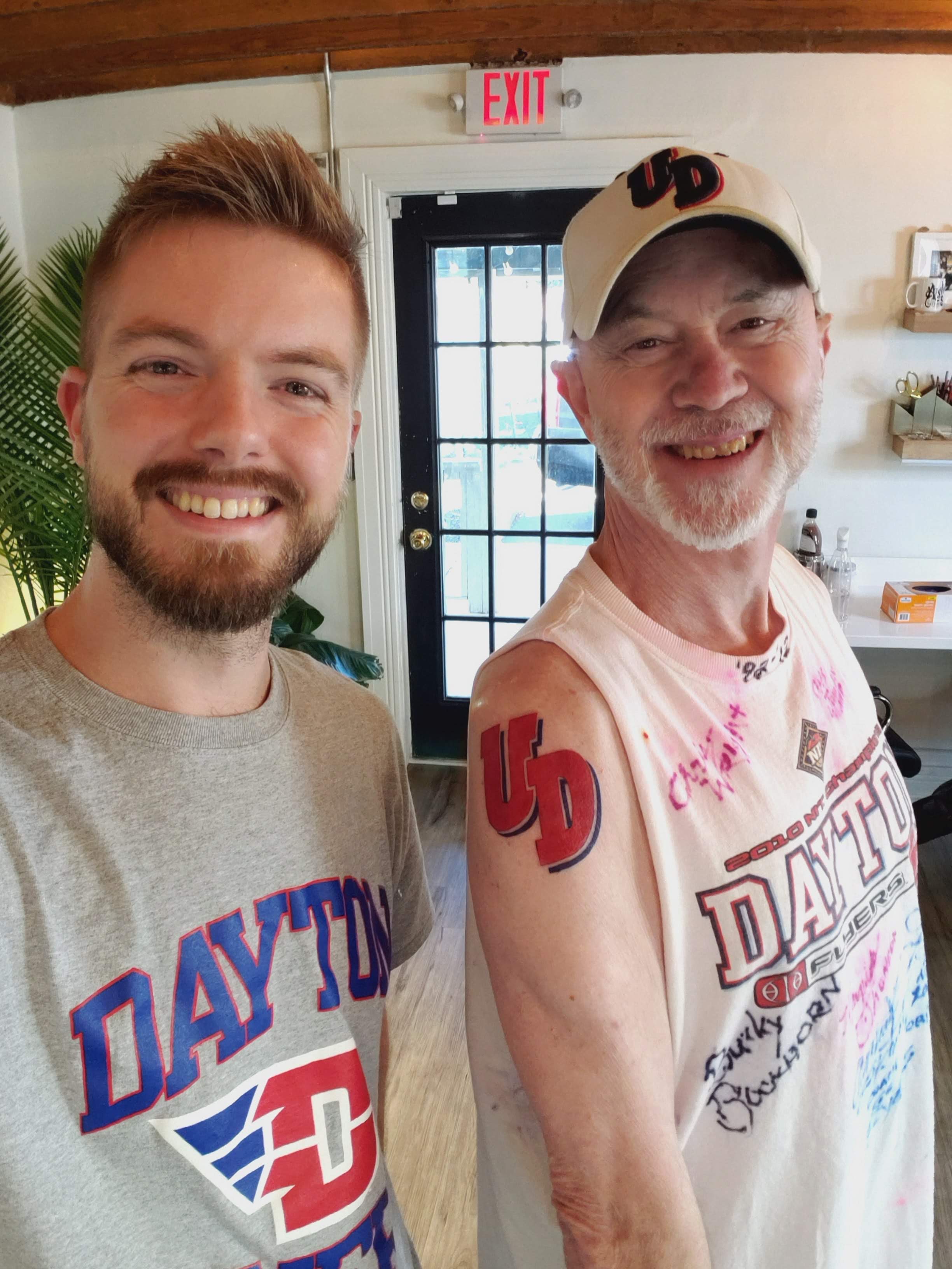 Mark Haufe (right) with Aisle 9 tattoo artist Evan Chandler, who has done most of Haufe’s portrait pieces. CONTRIBUTED