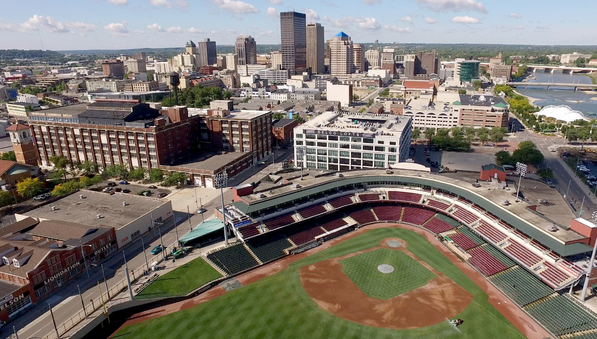 A 2017 view of Fifth Third Field and the Delco Lofts in the Water Street District of Dayton. TY GREENLEES / STAFF