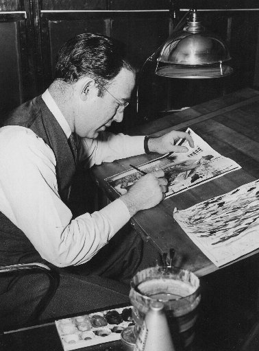 Myron Scott, shown working on artwork for the Dayton Daily News in the 1940s. Scott was also a photographer at the newspaper, invented the Soap Box Derby and was the man who named the Corvette automobile.