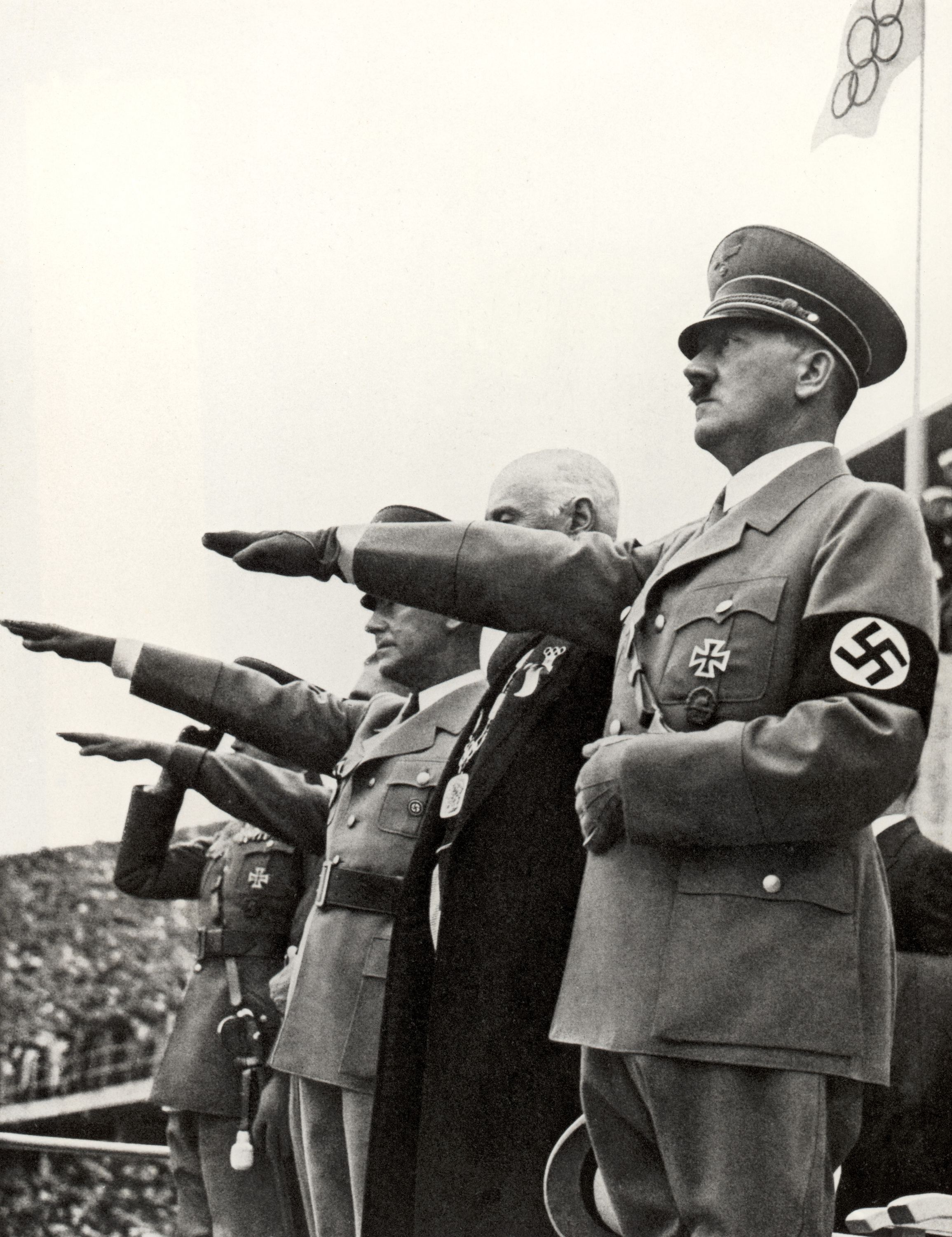 Adolf Hitler and his staff salute the teams during the opening ceremonies of the XI Olympic Games on August 1, 1936 in Berlin, Germany.