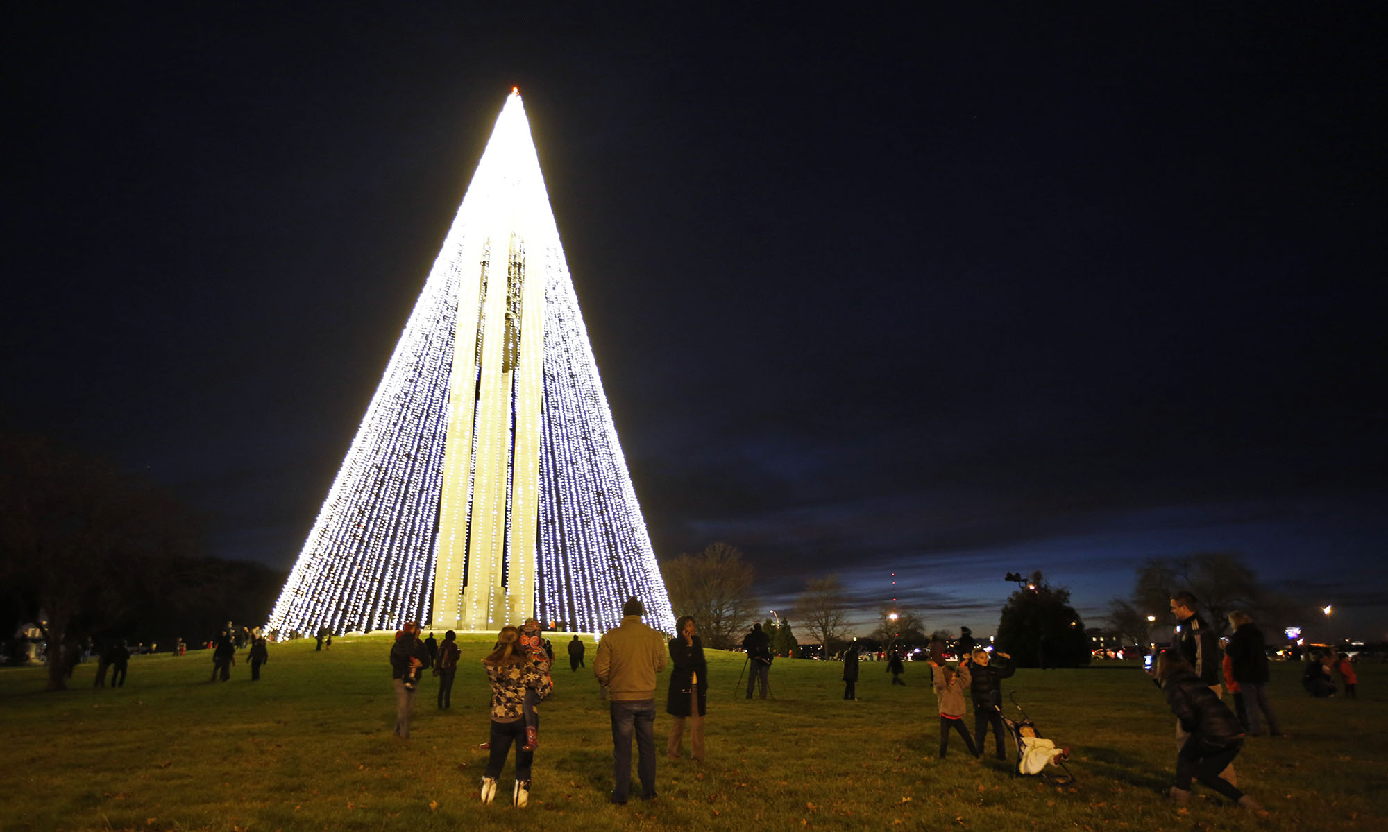 Dayton History has transformed the Deeds Carillon at Carillon Park into a huge lighted Christmas Tree. The big tree was illuminated on Tuesday evening. TY GREENLEES / STAFF