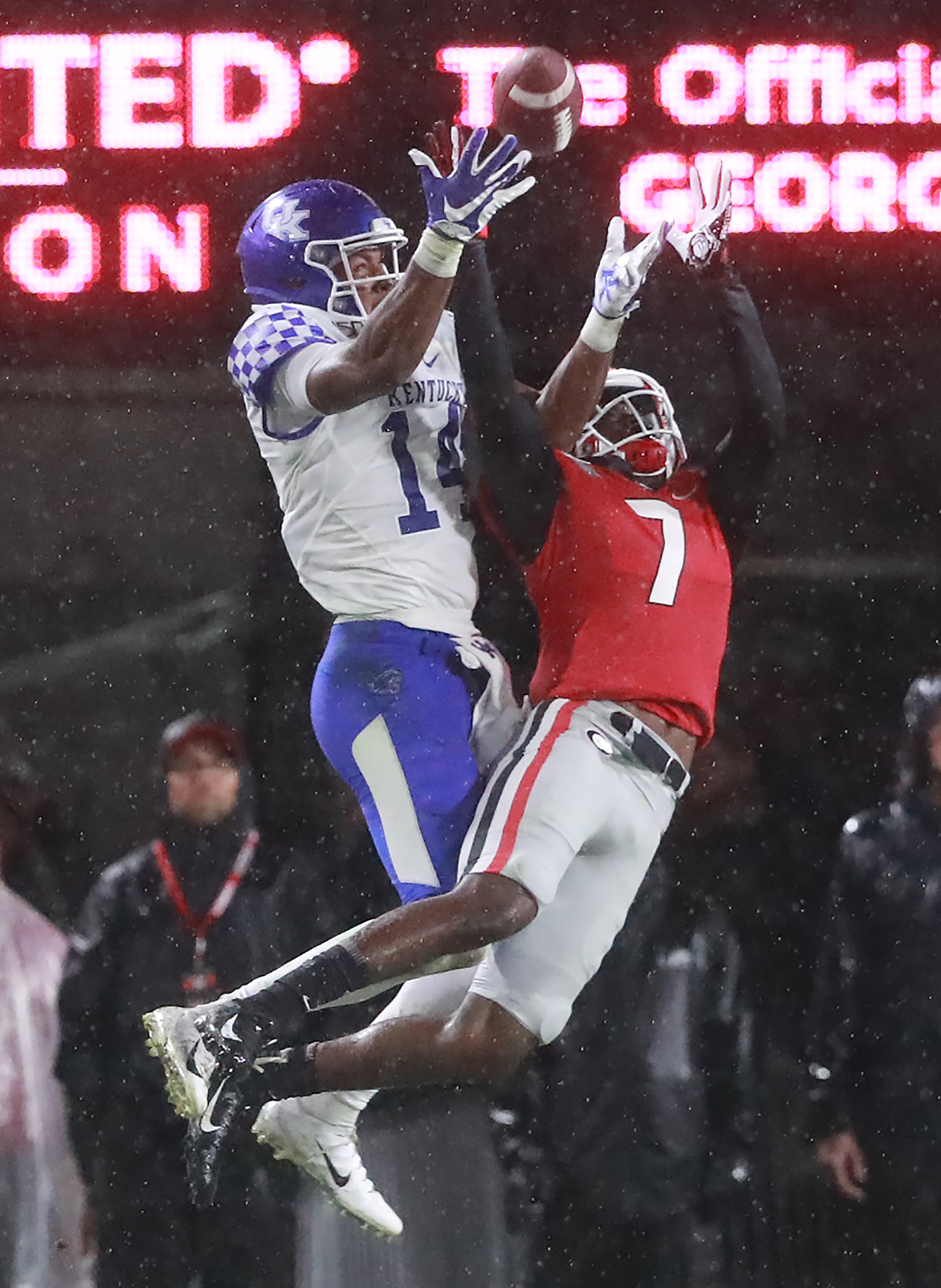 Georgia defensive back Tyrique Stevenson breaks up a pass to Kentucky wide receiver Ahmad Wagner on fourth down during the fourth quarter to hold on to the shutout. Curtis Compton/ccompton@ajc.com
