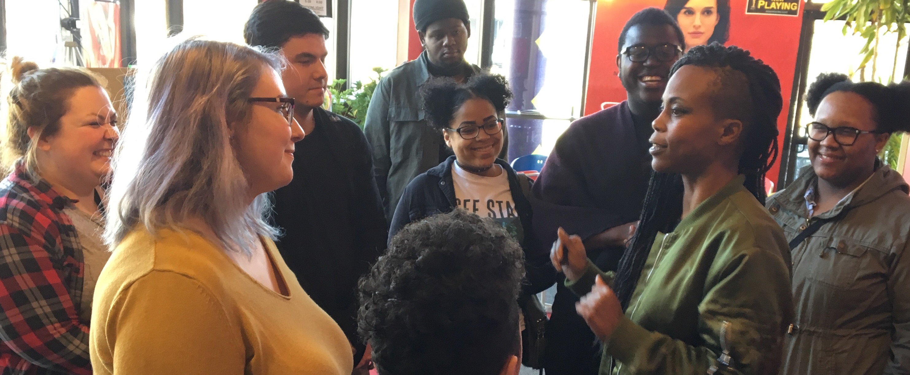 Hannah Beachler (second from right) talks with Wright State students in the lobby of The Neon movie theater in downtown Dayton
Submitted photo.