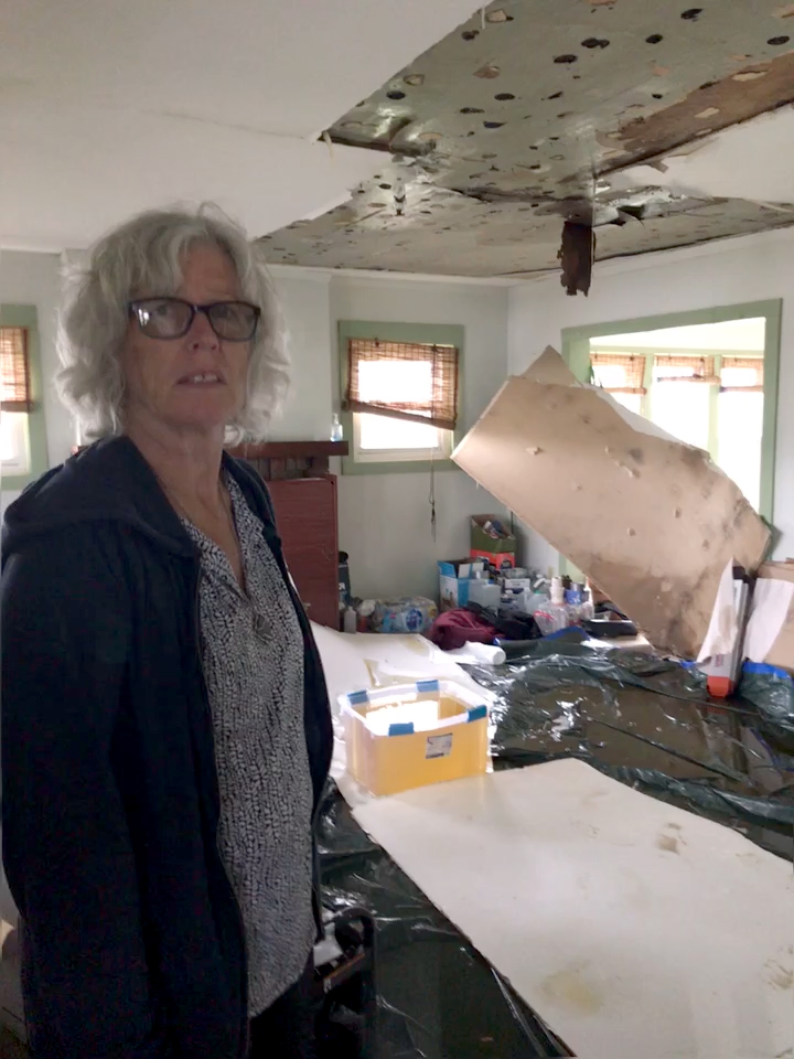 Robin and Chris Sassenberg house and cottage was damaged during the Memorial Day tornadoes. Robin stands in the home's livingroom about a month after it was hit by a tornado.