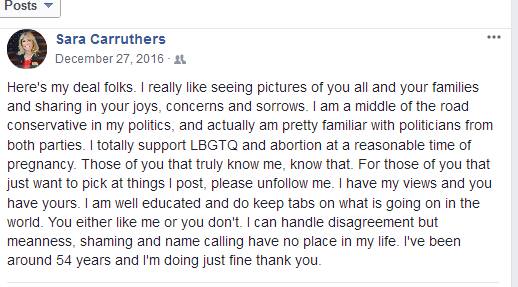 This is a screen capture of a post on Sara Carruthers’ Facebook page that have some Republicans questioning her pro-life stance.