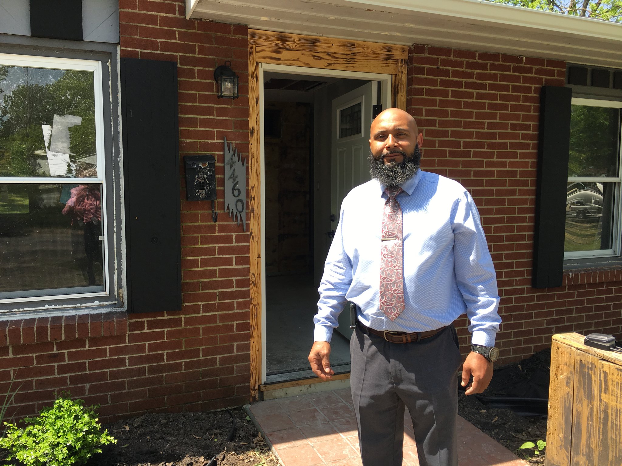 Matt Badger of Trotwood is rehabbing this home at 4460 Engleka Ct. in Trotwood as part of a Trotwood Community Improvement Corp. program to repair dilapidated, vacant structures and sell them on the open market. PHOTO by Lynn Hulsey