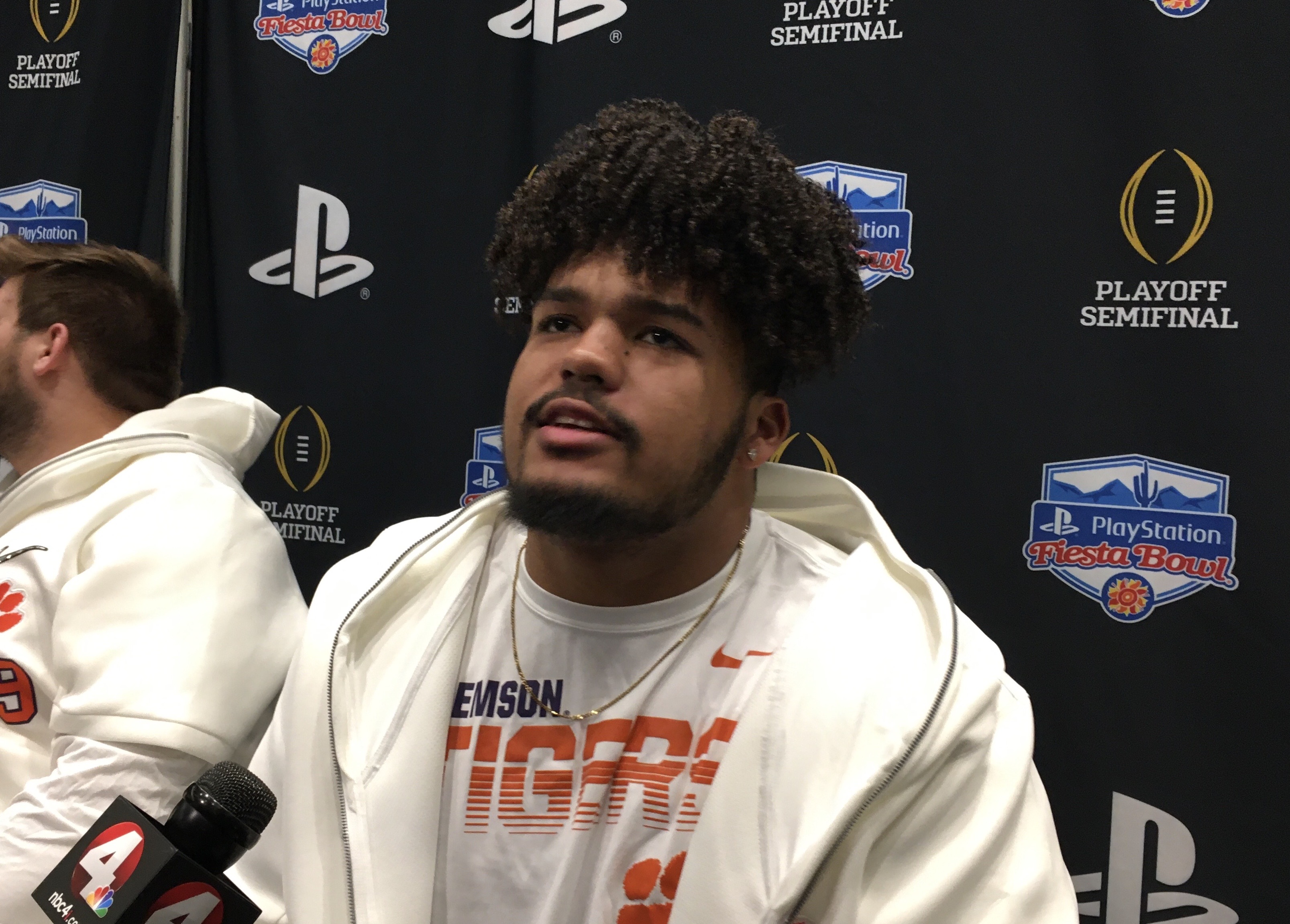 Jackson Carman meets with the media during Fiesta Bowl preparations Thursday.