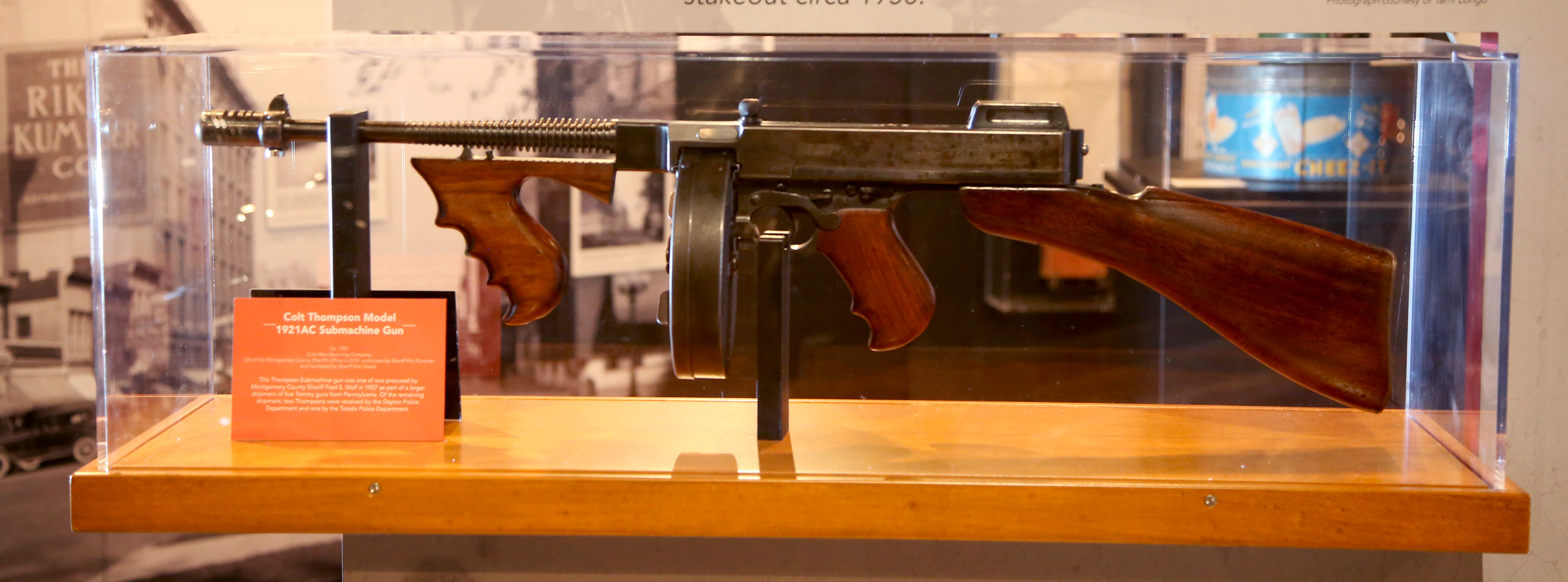A 1921 AC Colt Thompson submachine gun highlights the second portion of the Bootleggers, Bandits, and Badges: From Dry Times to Hard Times in Dayton, Ohio, exhibit during the Roaring Twenties and Prohibition. LISA POWELL / STAFF
