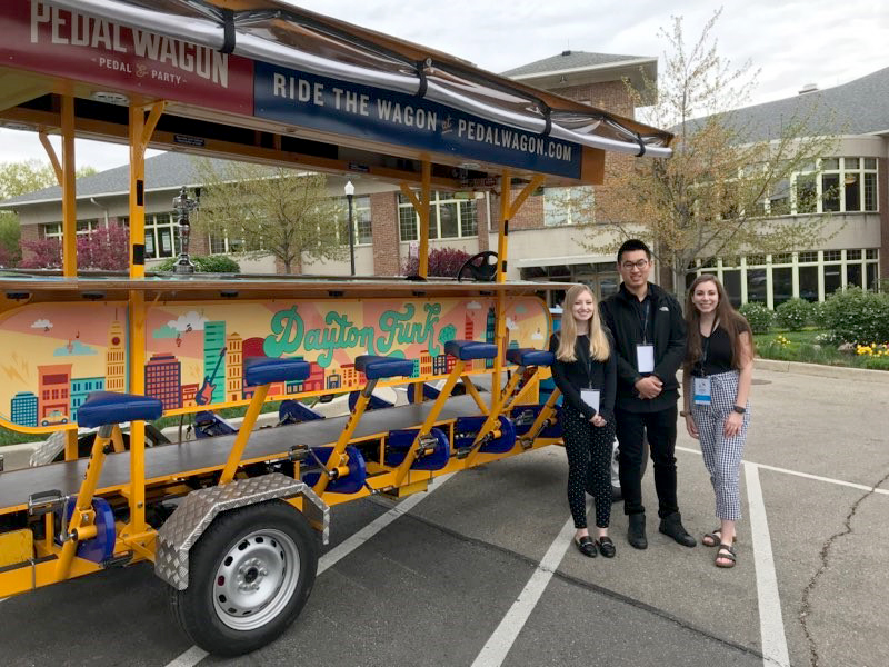 Dayton Pedal Wagon has unveiled its newly wrapped Dayton Funk bike. The wrap was designed as part of University of Dayton graphic design class. The winning design was created by UD students Jess Burnham, Meg Gramza and Nan Xiang, pictured.