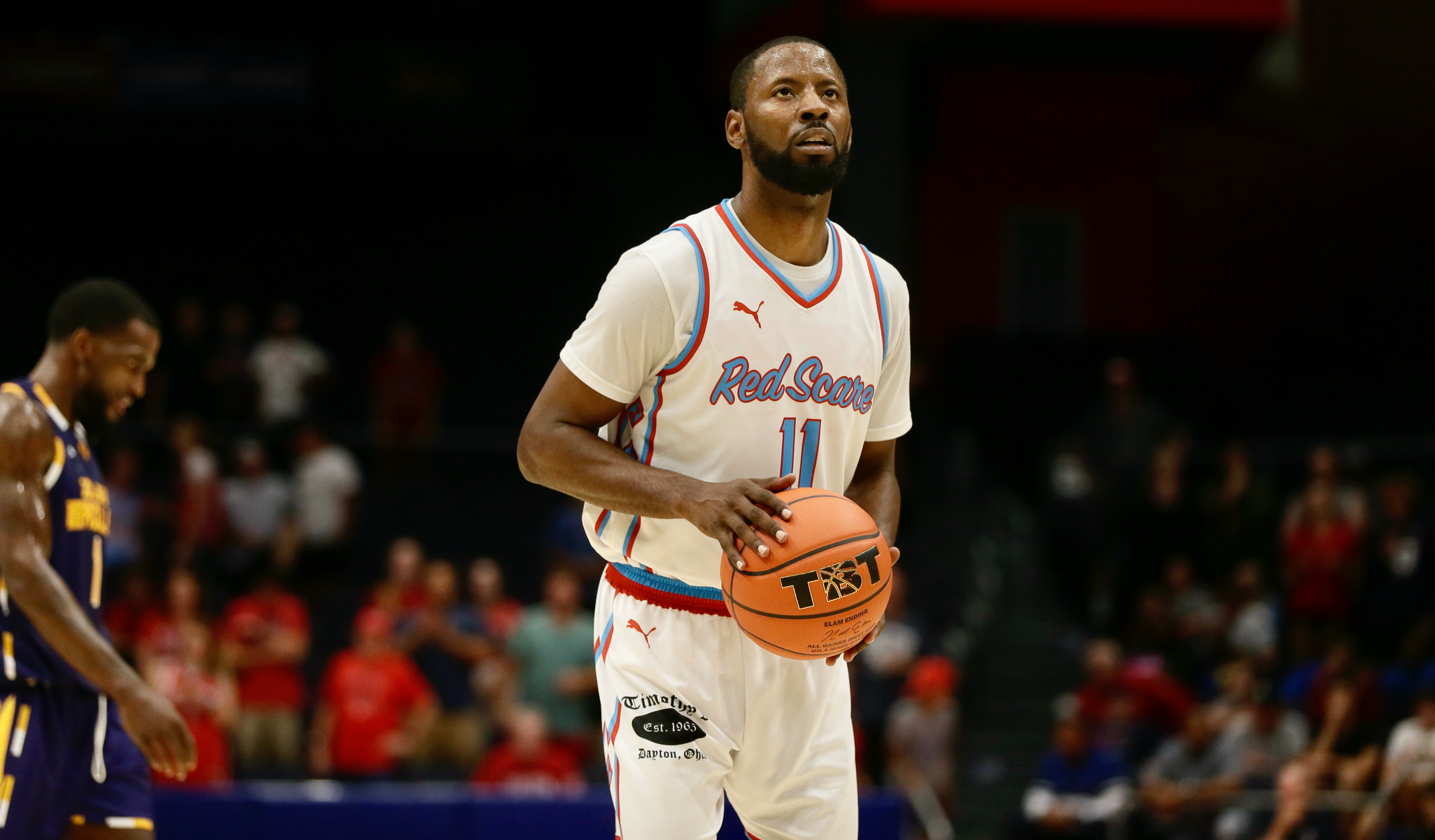 The Red Scare's Scoochie Smith shoots a free throw during the Elam Ending against the Golden Eagles in The Basketball Tournament on Wednesday, July 27, 2022, at UD Arena. David Jablonski/Staff