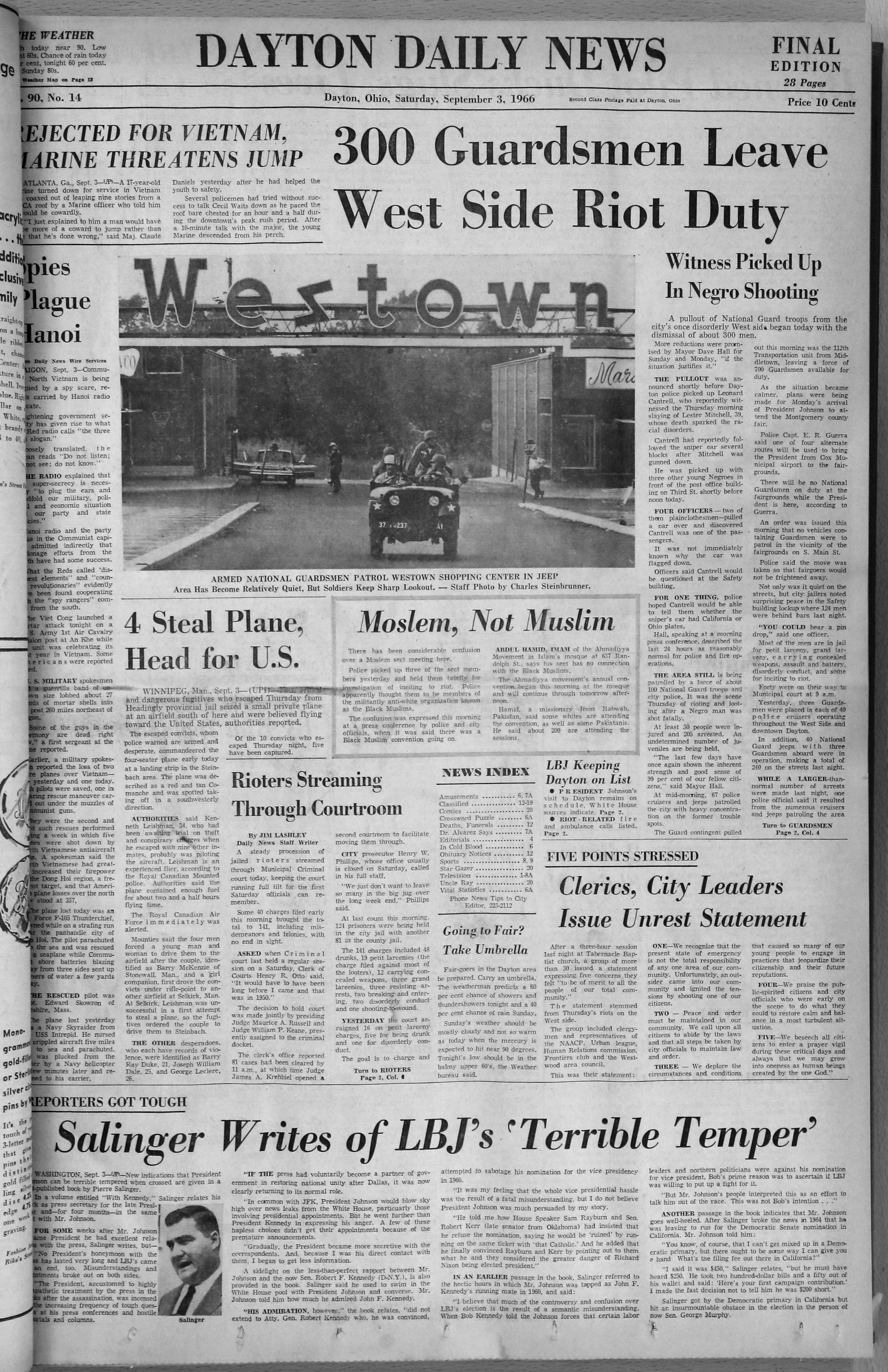 September 3, 1966: The front page of the Dayton Daily News covering the riots in West Dayton of 1966. VIEW THE FULL-SIZE PAGE: https://www.daytondailynews.com/rw/Pub/p9/DaytonDailyNews/2018/08/14/Images/1966_09_03.jpg