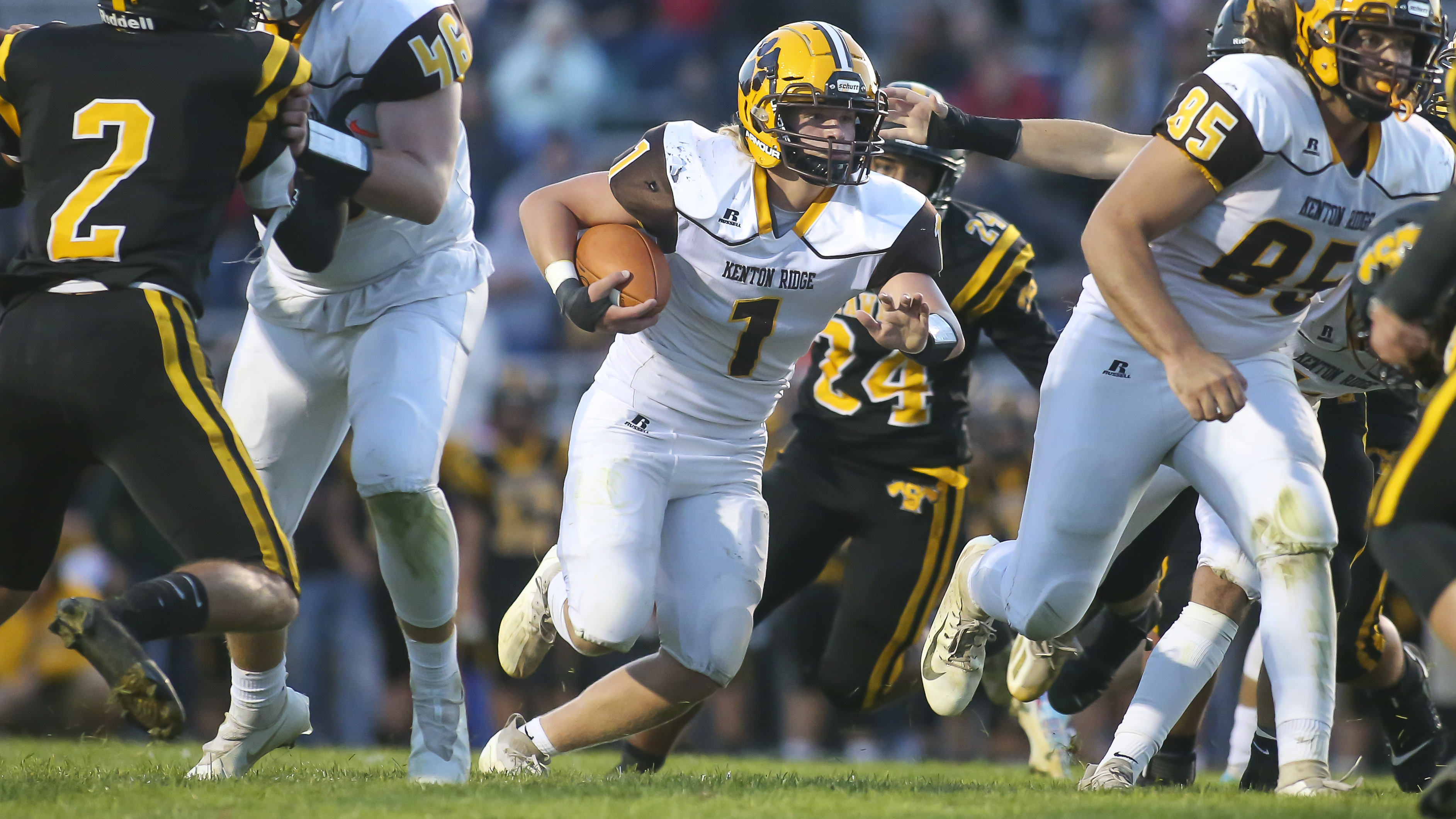 Kenton Ridge High School sophomore Caleb Obee runs the ball during their game against Shawnee on Friday night in Springfield. The Braves won 34-7. Photo by Michael Cooper