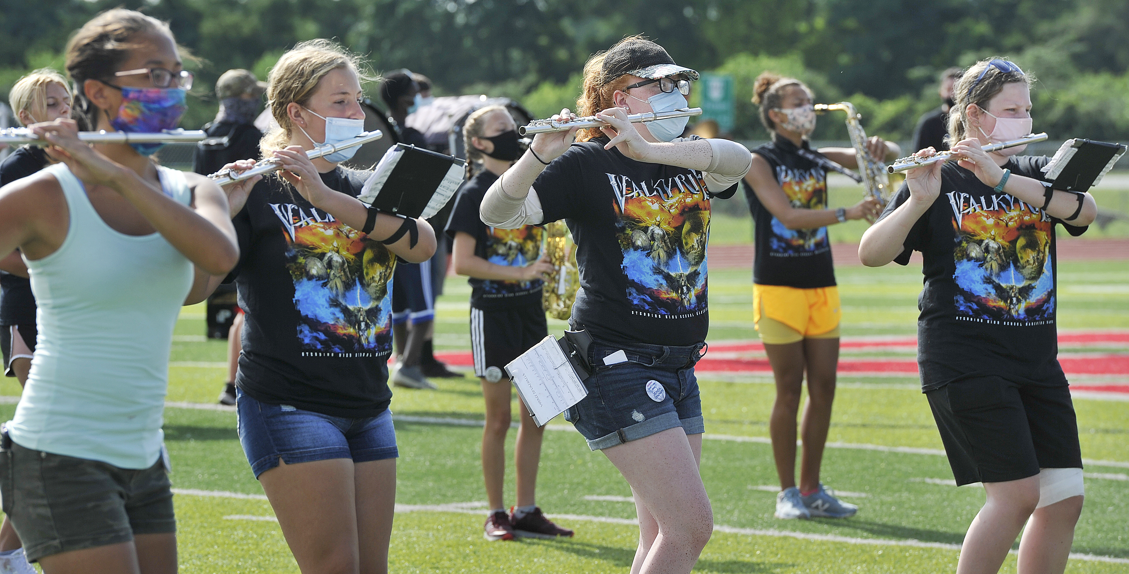 The Stebbins High School marching Band took to the field for the last day of band camp in July 2020. All the band members and staff all practiced social distancing and wore mask for the entire week. MARSHALL GORBY/STAFF
