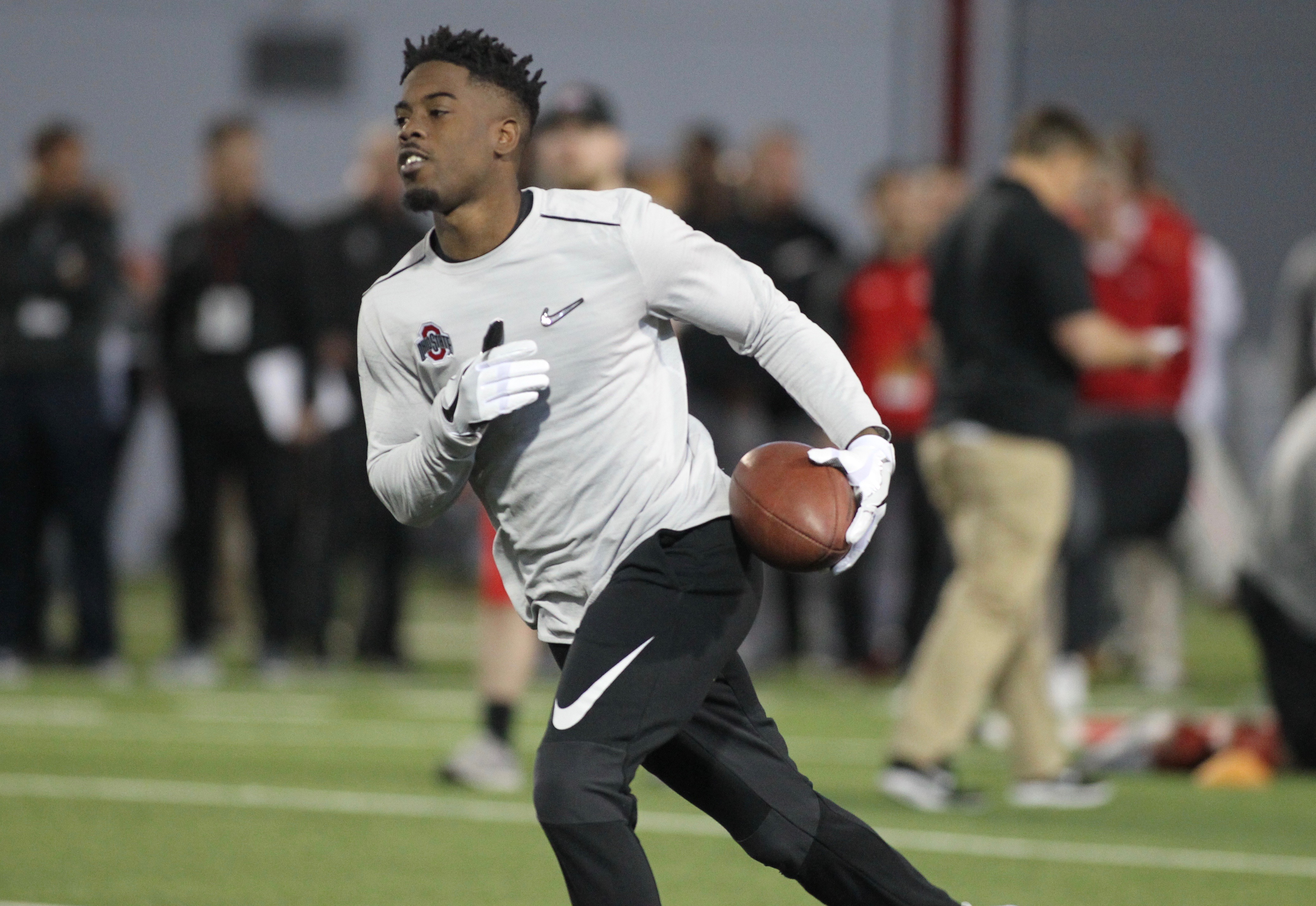 Gareon Conley works out at Ohio State’s Pro Day on Thursday, March 23, 2017, at the Woody Hayes Athletic Center in Columbus. David Jablonski/Staff