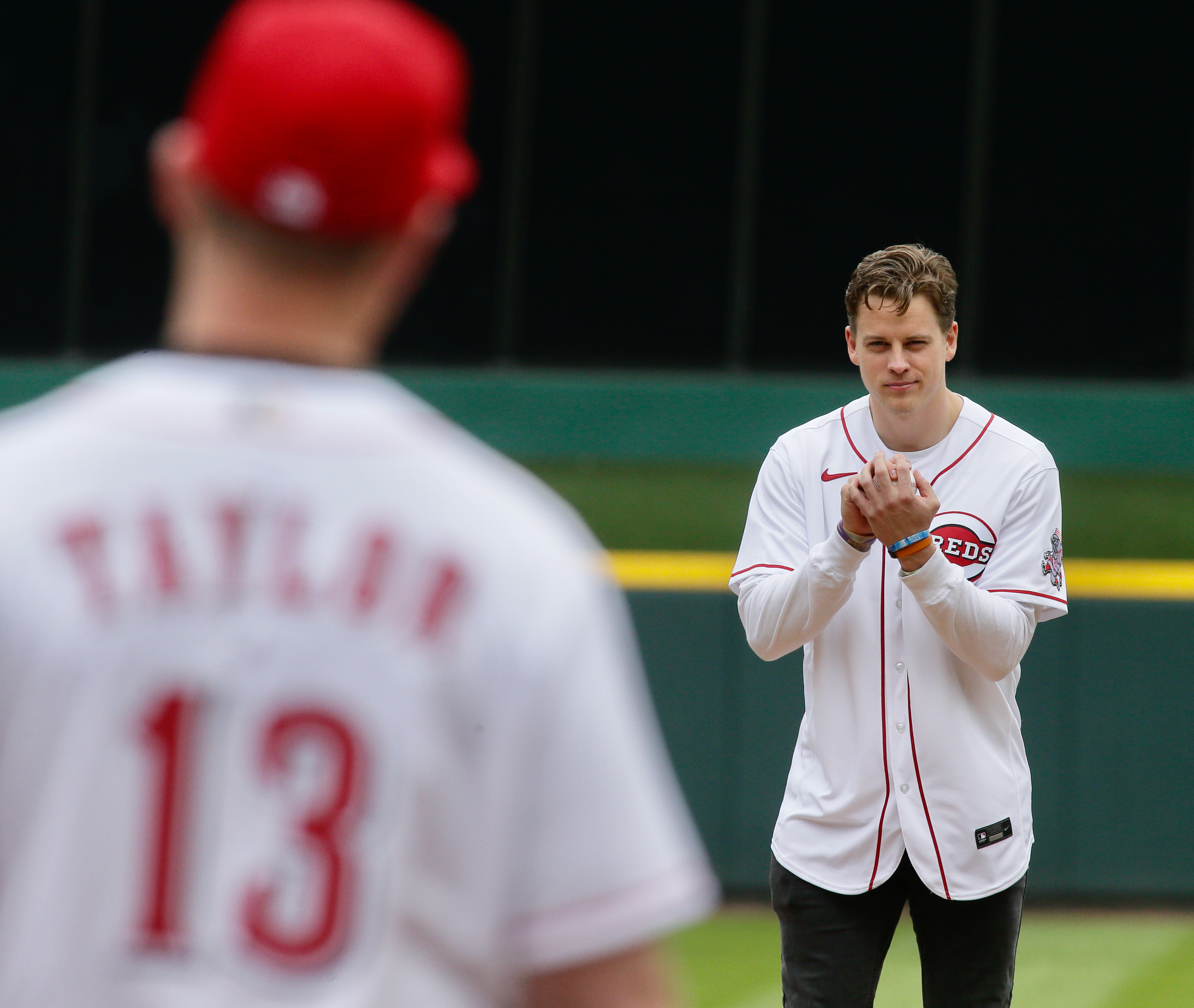 Joe Burrow throws first pitch to Zac Taylor on Reds' Opening Day